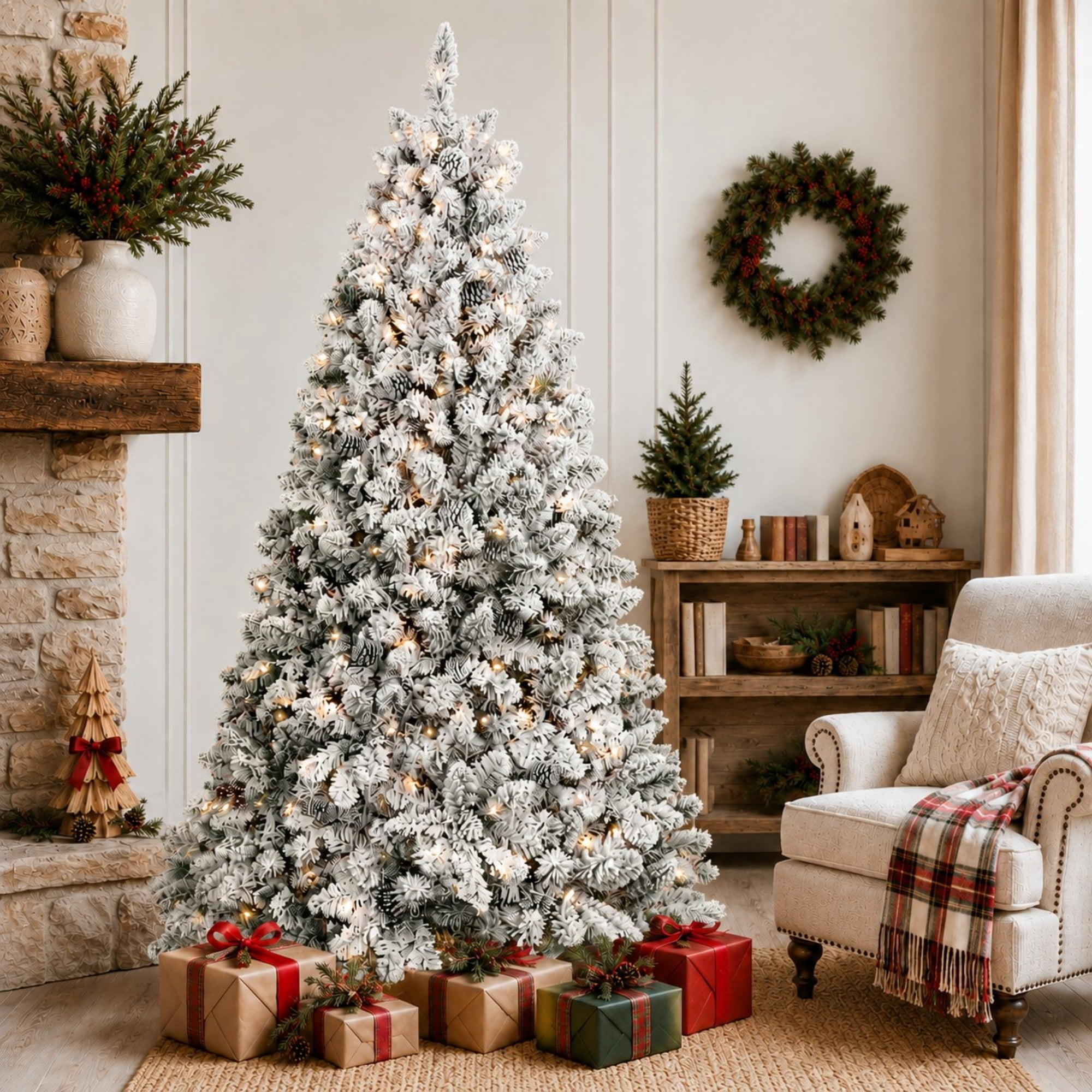 DEALTOPS 6 FT Snow-Flocked Pre-Lit Artificial Christmas Tree, 888 Tips & 350 UL Lights, Pine Cones & Stand