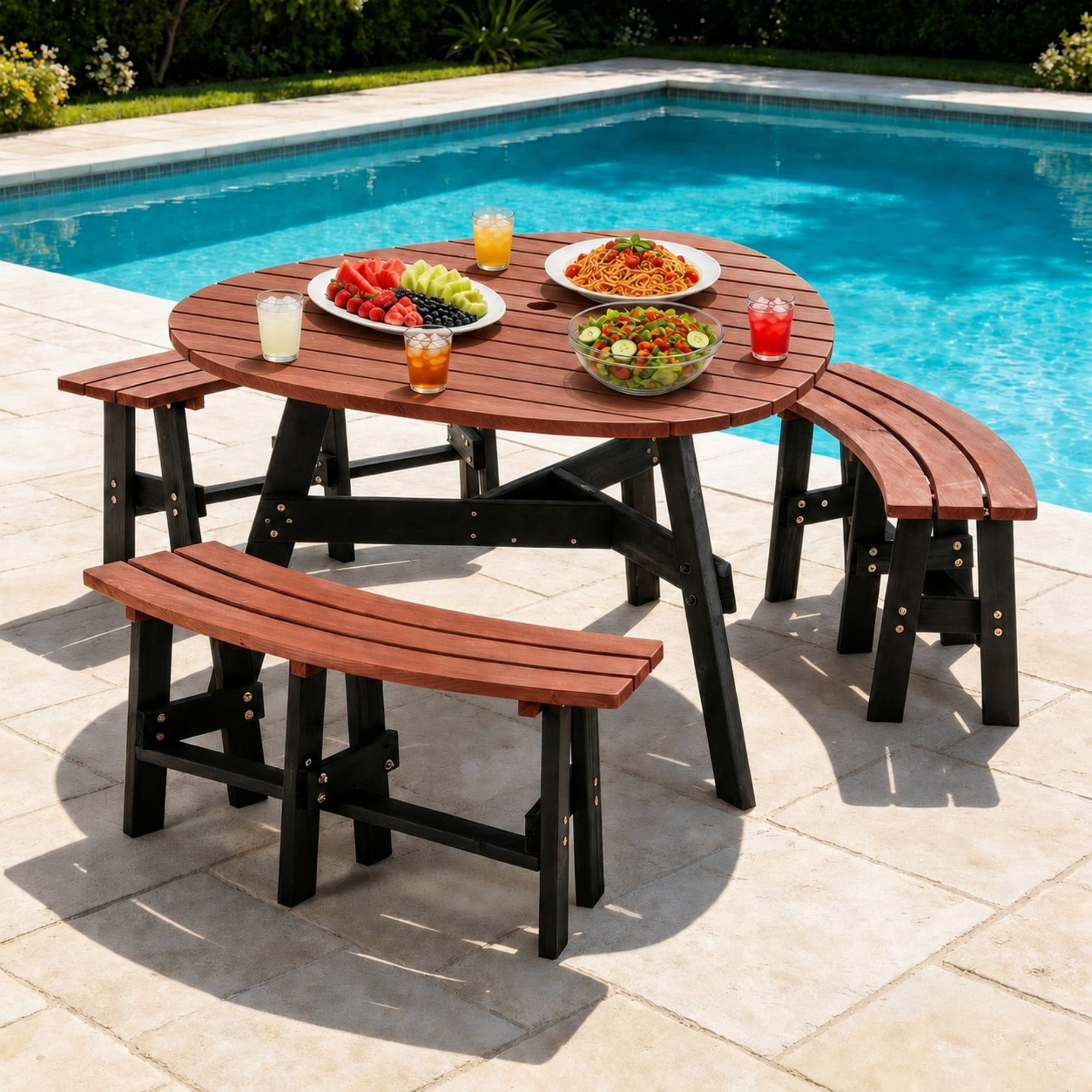 DEALTOPS 6-Person Solid Wood Triangular Picnic Table Set with 3 Benches & Umbrella Hole, Brown & Black
