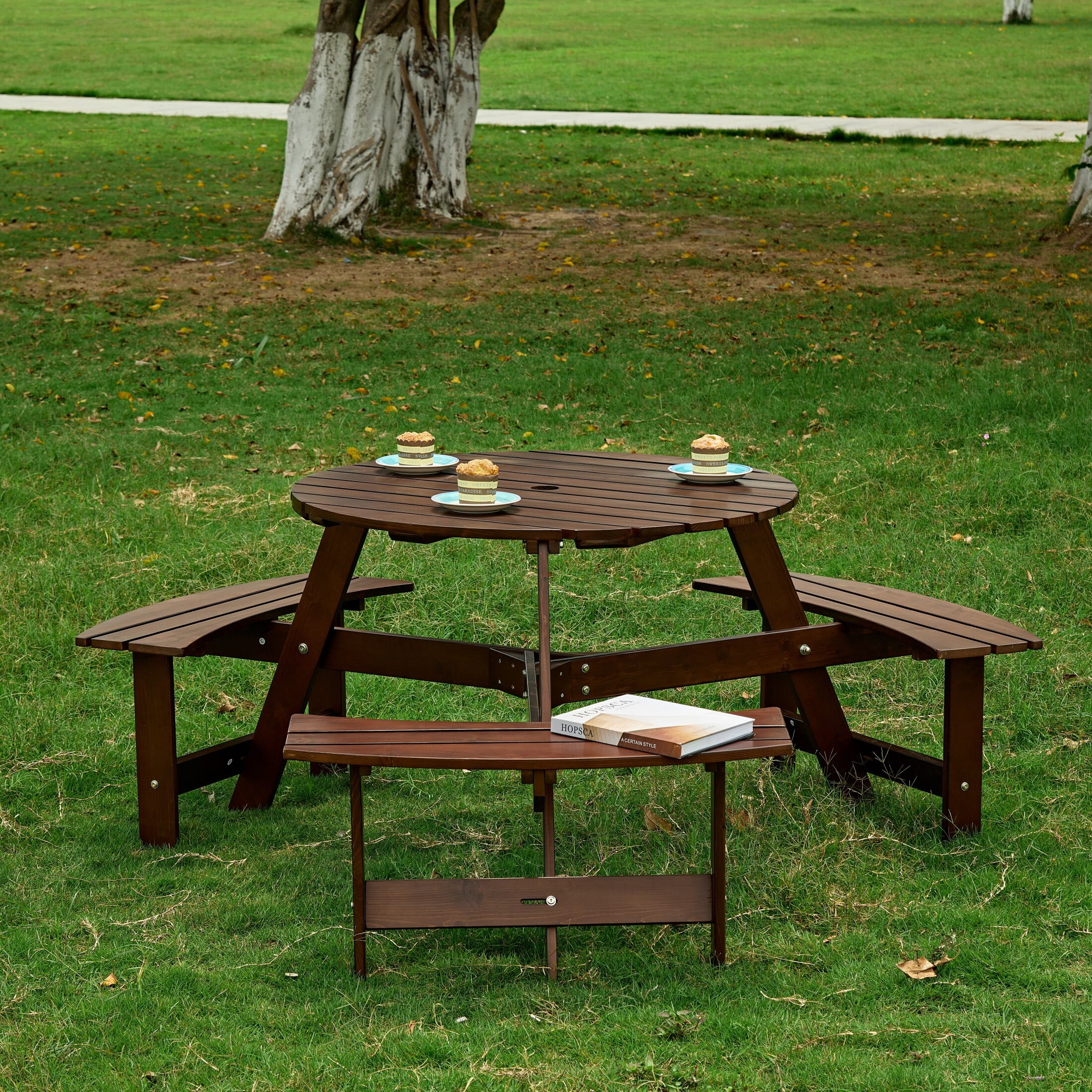 DEALTOPS 6 Person Wood Picnic Table with 3 Built-in Benches, Outdoor Round Table and Bench Set with Umbrella Hole for Park, Brown