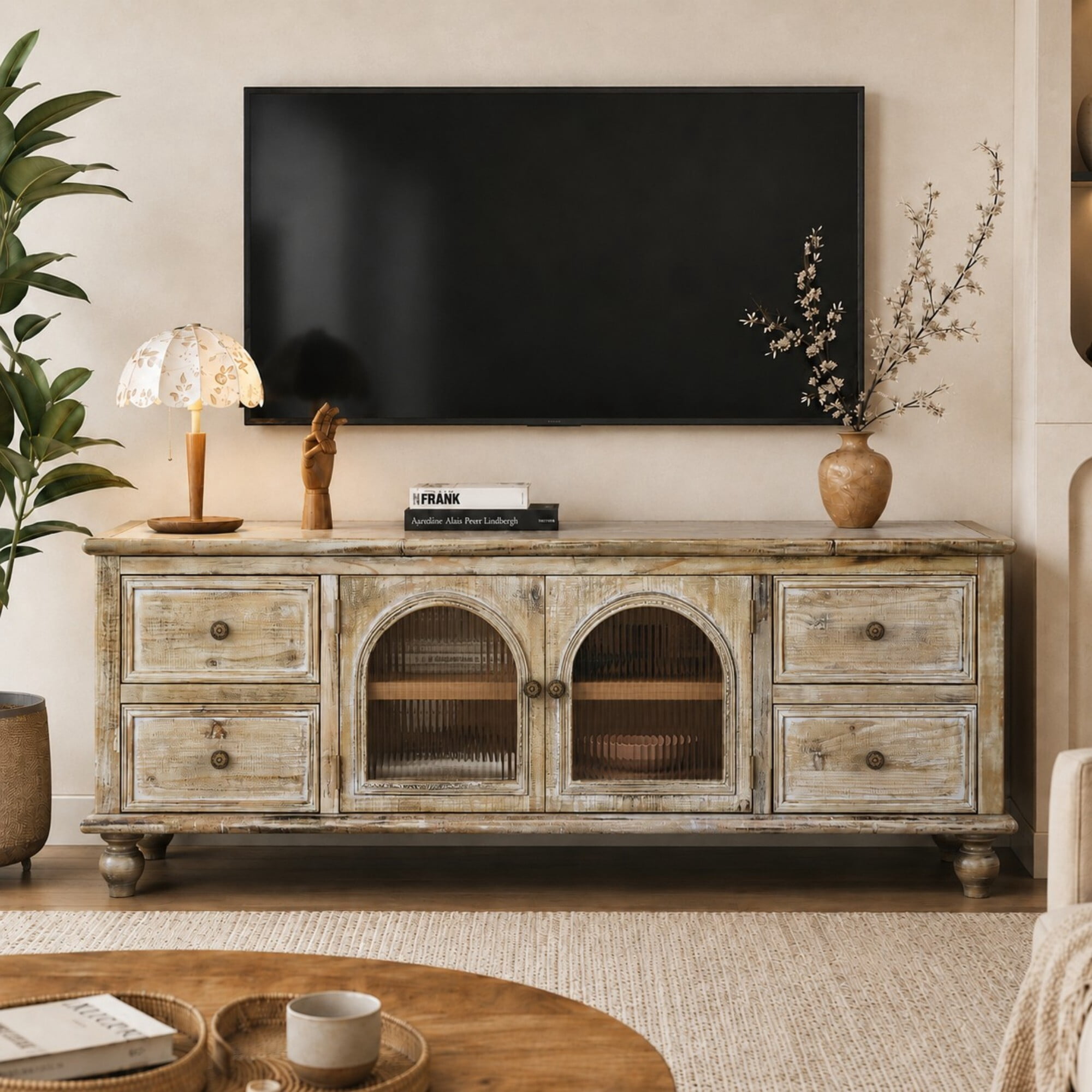 AENKYO 60 Inch Farmhouse TV Stand with 4 Drawers & 2 Glass Doors, Rustic Media Console – Gray Wash