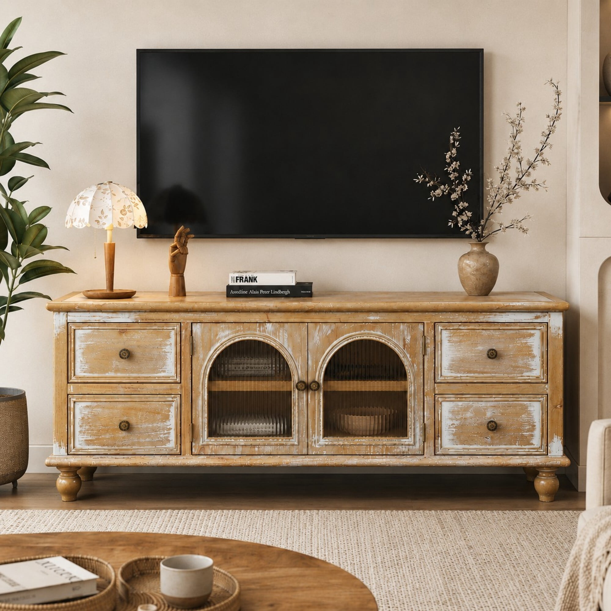 DEALTOPS 60 Inch Farmhouse TV Stand with 4 Drawers & 2 Glass Doors, Rustic Media Console – Natural Oak