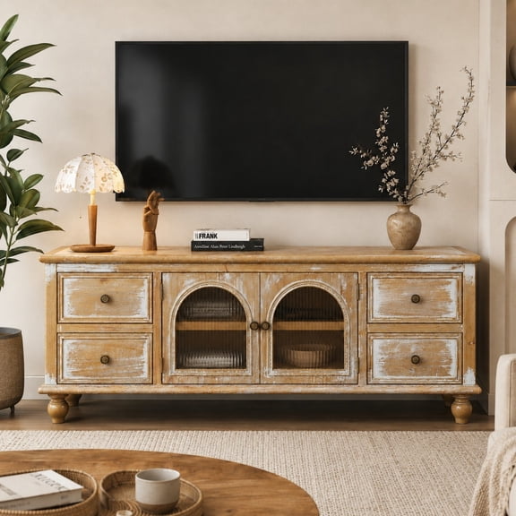 DEALTOPS 60 Inch Farmhouse TV Stand with 4 Drawers & 2 Glass Doors, Rustic Media Console – Natural Oak