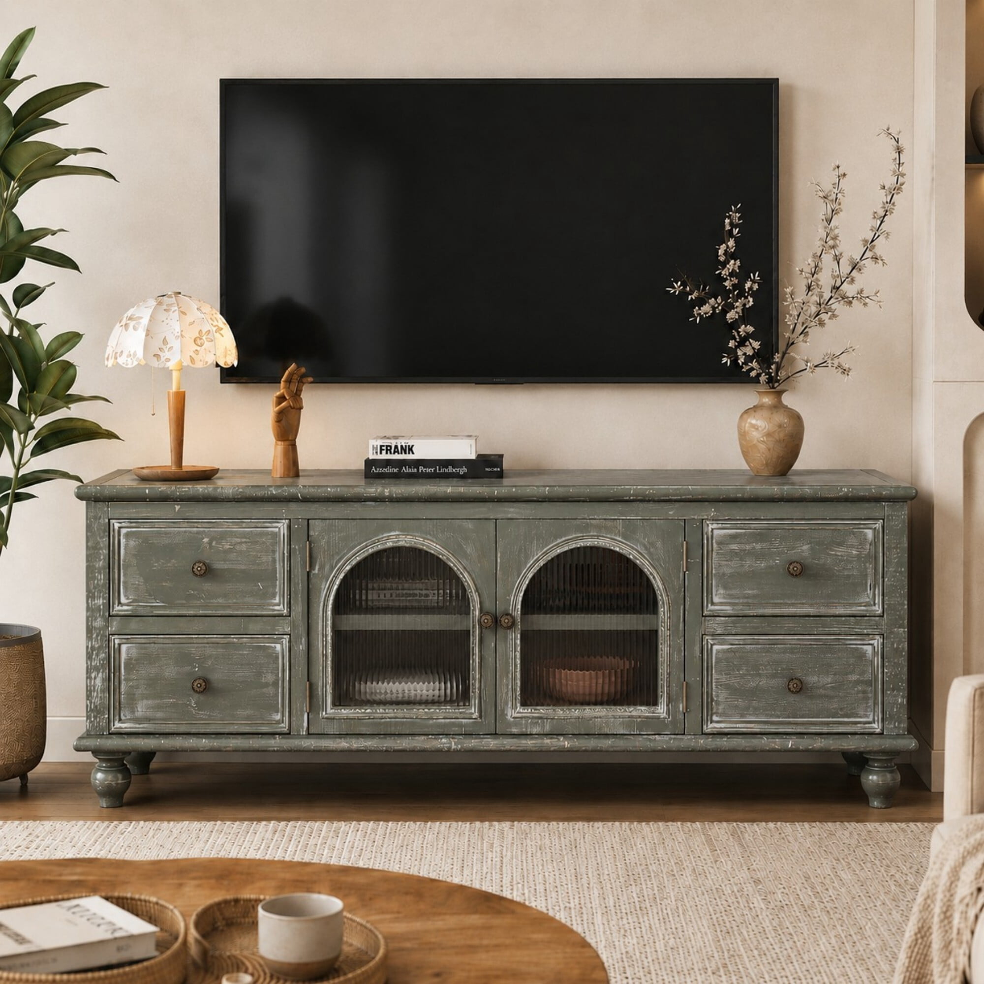 DEALTOPS 60 Inch Farmhouse TV Stand with 4 Drawers & 2 Glass Doors, Rustic Media Console – Weathered Oak