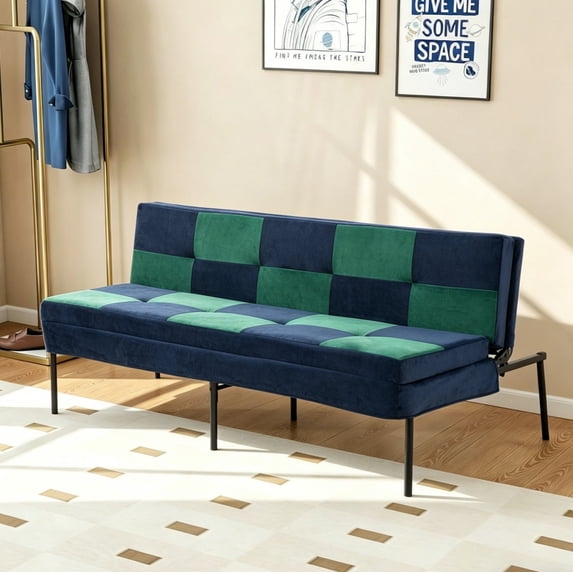 DEALTOPS 63" Checkered Velvet Futon, 2-in-1 Dual-Tone Convertible Sleeper Sofa with 5-Position Recline, Blue
