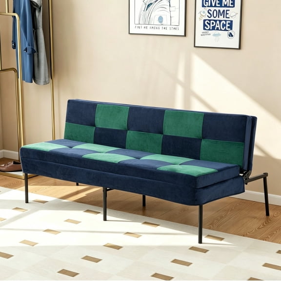 DEALTOPS 63" Checkered Velvet Futon, 2-in-1 Dual-Tone Convertible Sleeper Sofa with 5-Position Recline, Blue