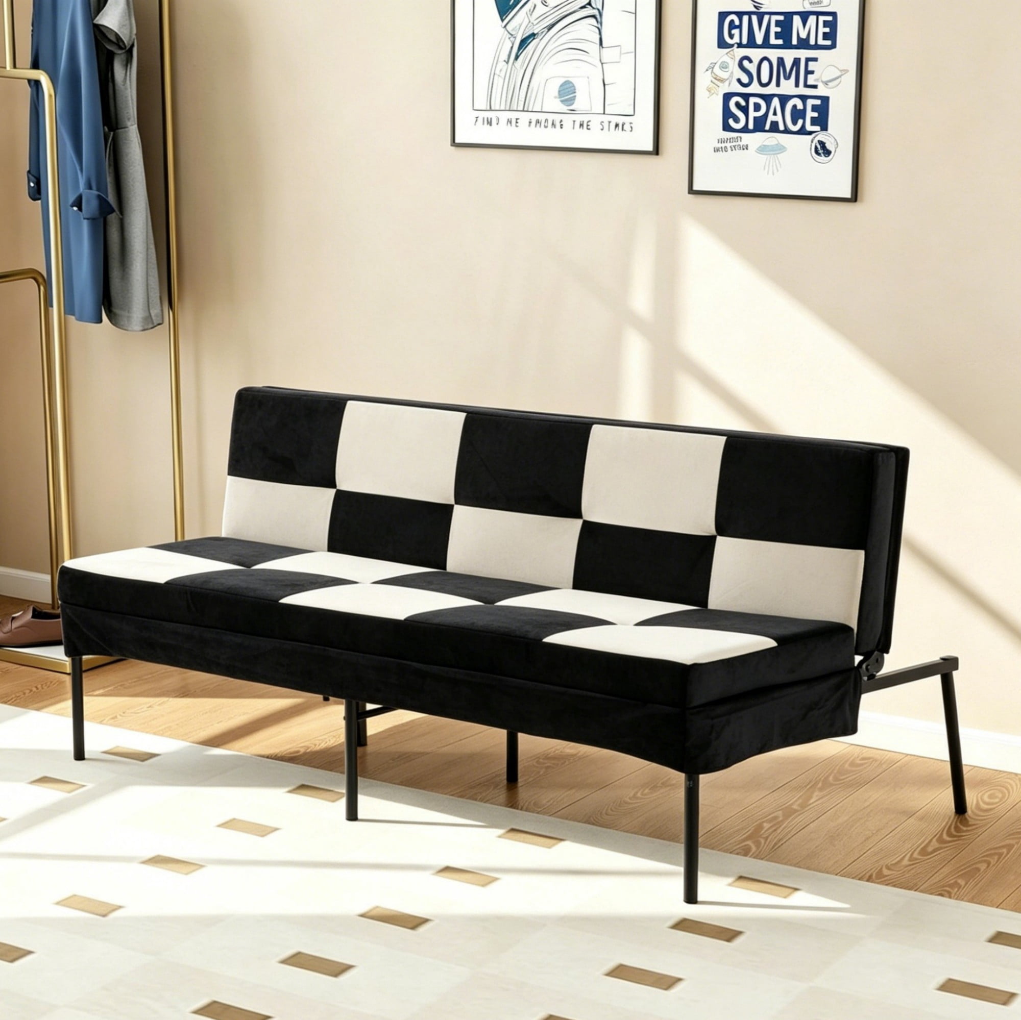 DEALTOPS 63" Checkered Velvet Futon, 2-in-1 Dual-Tone Convertible Sleeper Sofa with 5-Position Recline, White