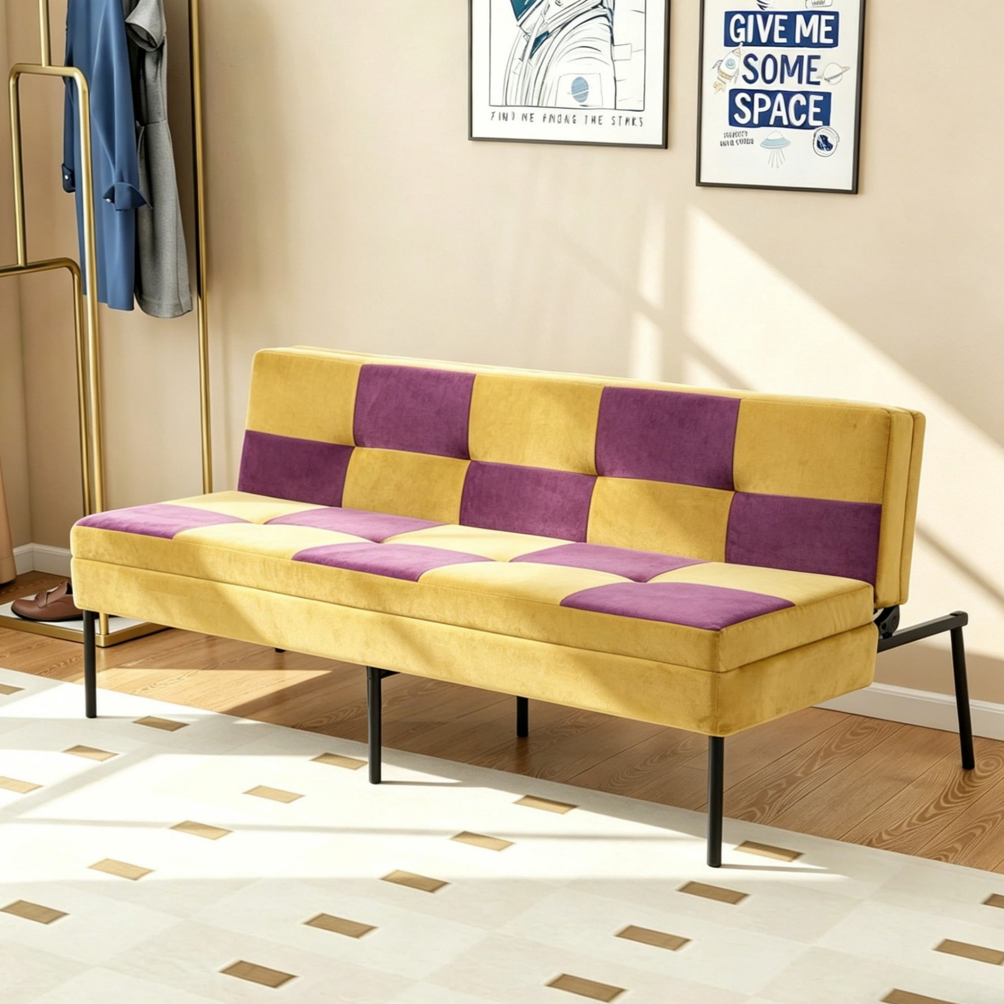 DEALTOPS 63" Checkered Velvet Futon, 2-in-1 Dual-Tone Convertible Sleeper Sofa with 5-Position Recline, Yellow
