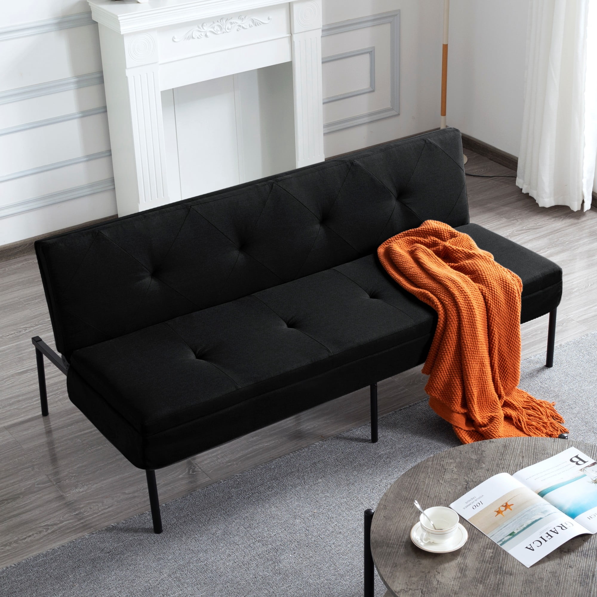 DEALTOPS 63" Convertible Futon Sofa Bed, Modern Polyester Loveseat with 5-Level Reclining Backrest, Black