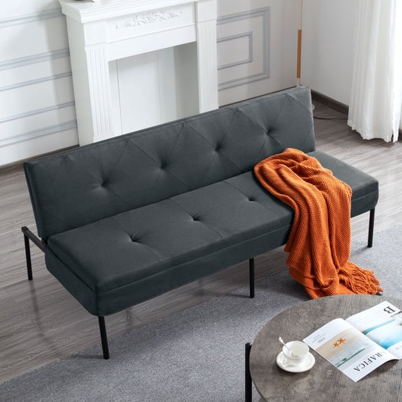 DEALTOPS 63" Convertible Futon Sofa Bed, Modern Polyester Loveseat with 5-Level Reclining Backrest, Gray