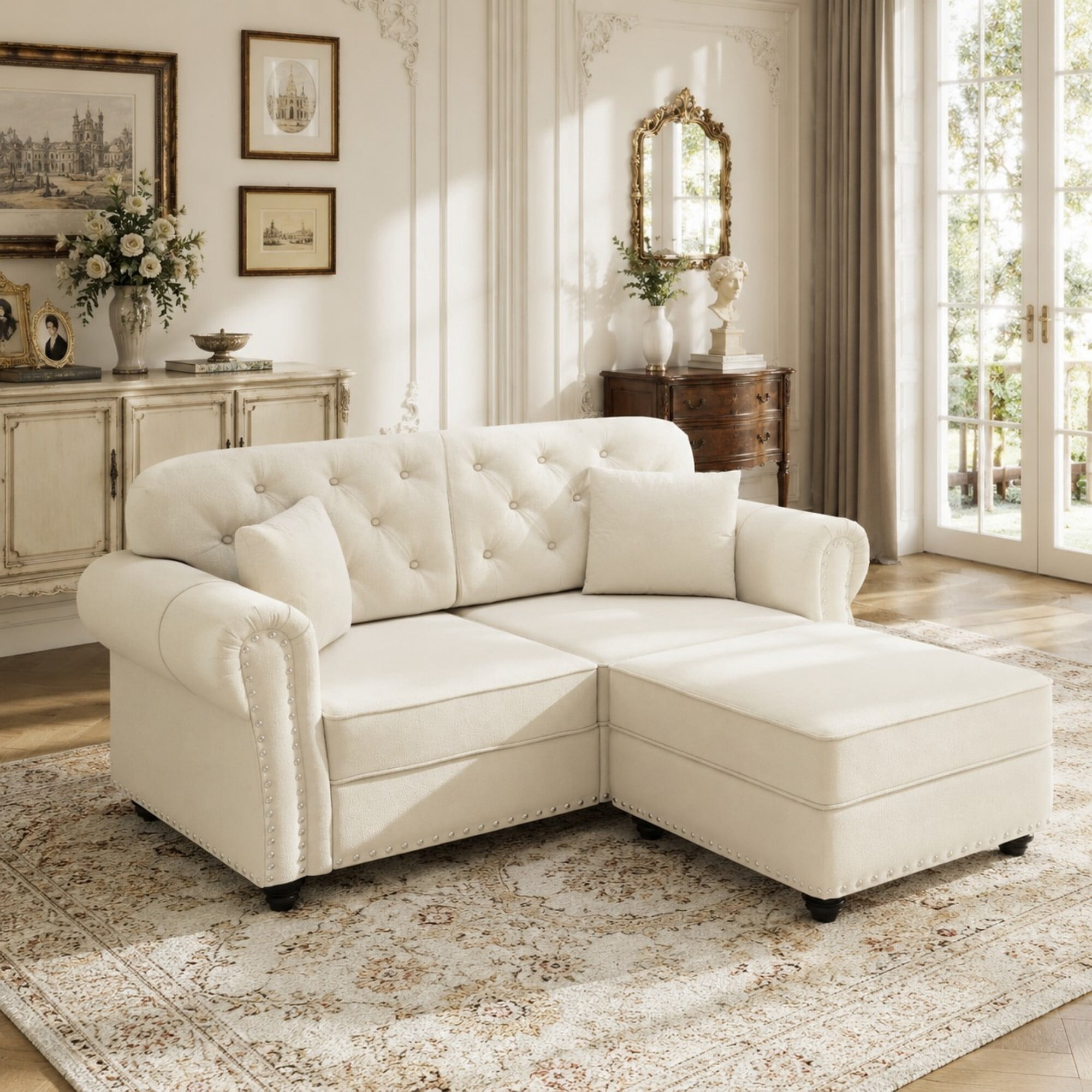 DEALTOPS 63 Inch Reversible Chesterfield Velvet Sectional Sofa with Ottoman, Tufted Nailhead Trim, Beige