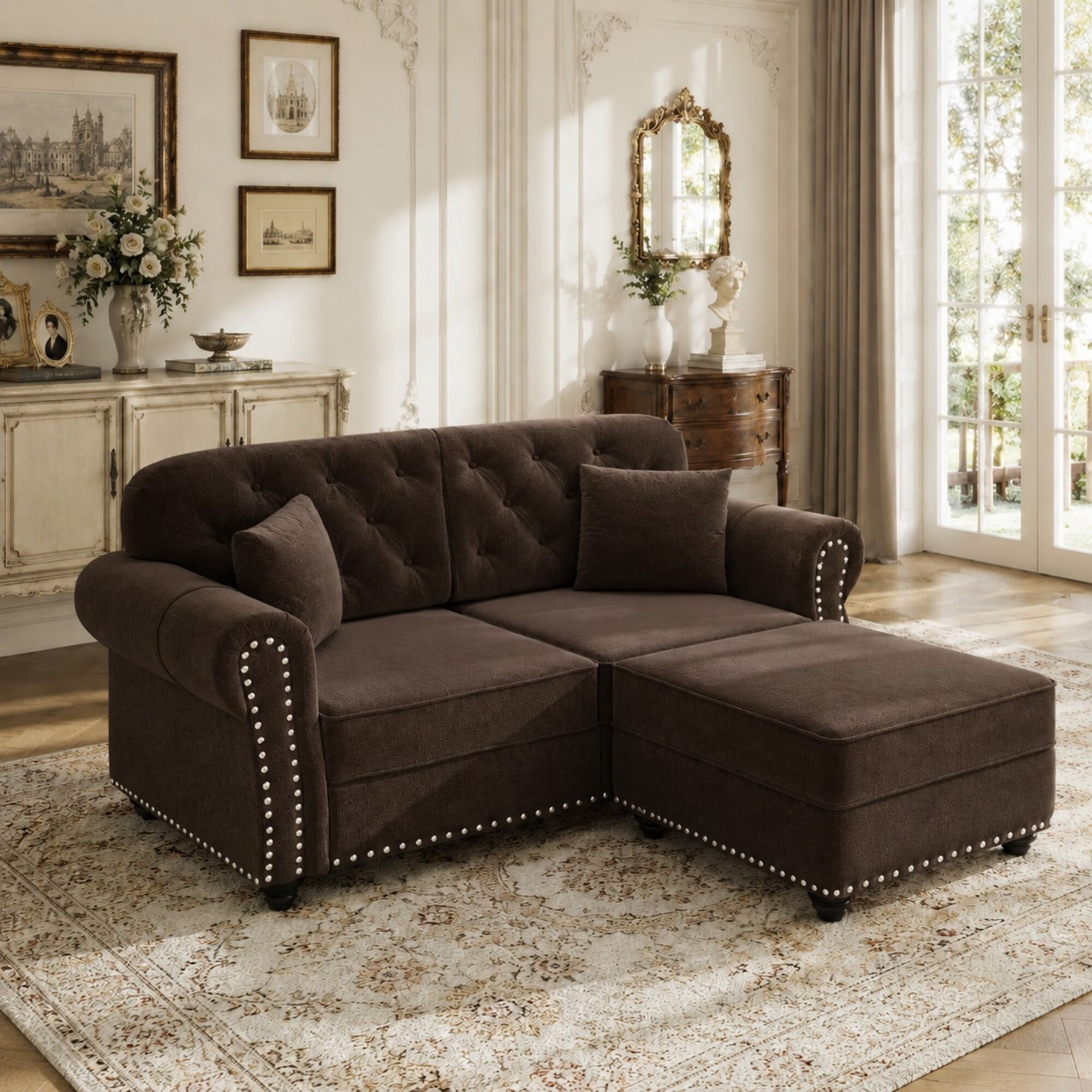 DEALTOPS 63 Inch Reversible Chesterfield Velvet Sectional Sofa with Ottoman, Tufted Nailhead Trim, Brown