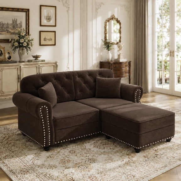 DEALTOPS 63 Inch Reversible Chesterfield Velvet Sectional Sofa with Ottoman, Tufted Nailhead Trim, Brown