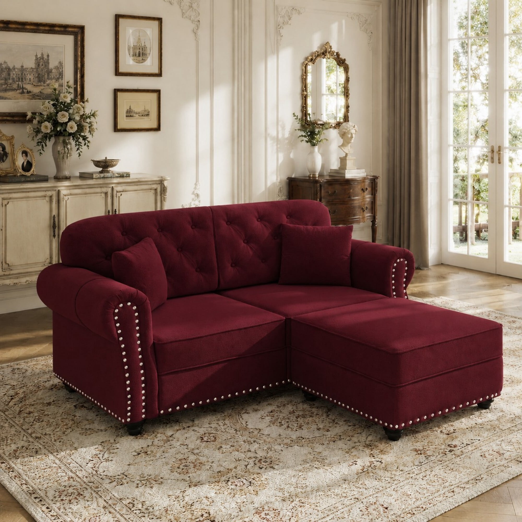 DEALTOPS 63 Inch Reversible Chesterfield Velvet Sectional Sofa with Ottoman, Tufted Nailhead Trim, Burgundy