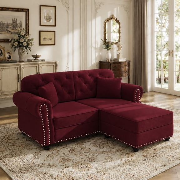 DEALTOPS 63 Inch Reversible Chesterfield Velvet Sectional Sofa with Ottoman, Tufted Nailhead Trim, Burgundy