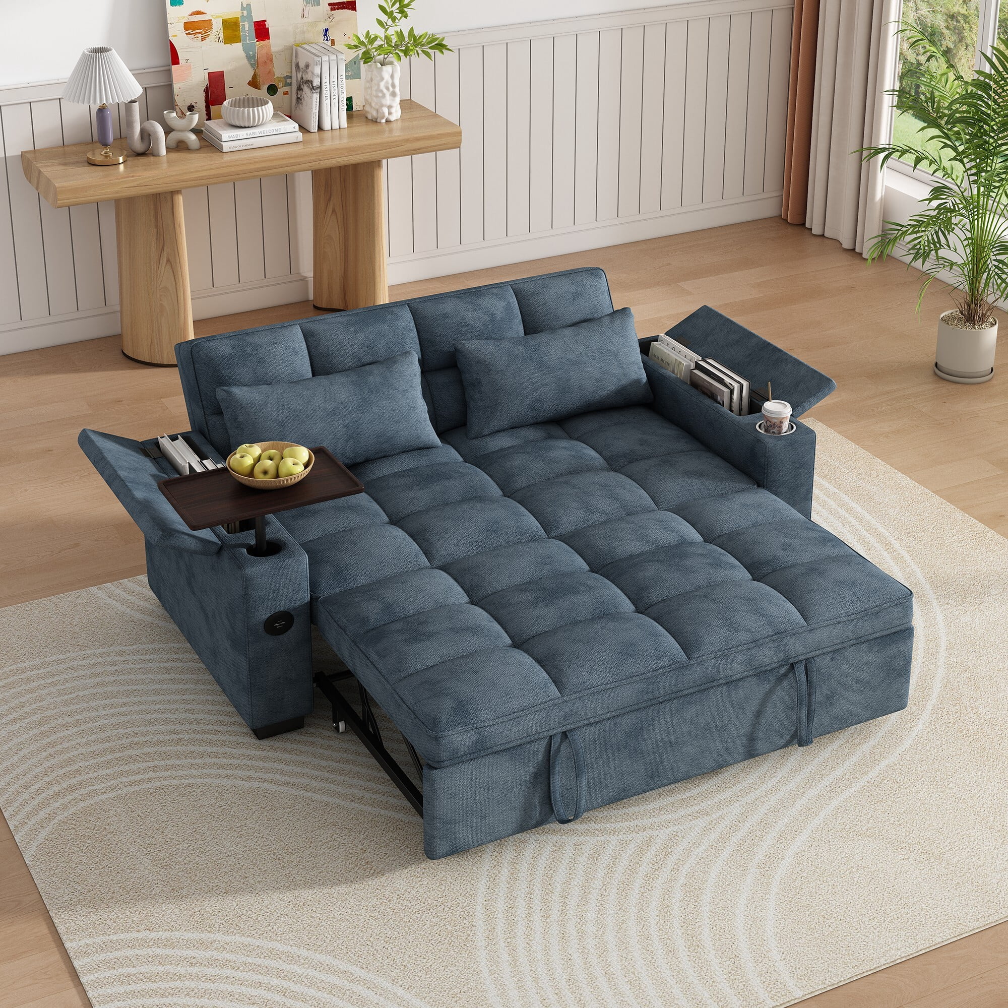 DEALTOPS 65" 3-in-1 Sleeper Sofa Bed, 3-Position Pull Out Couch with 90° Swivel Table, USB & Storage, Chenille, Blue