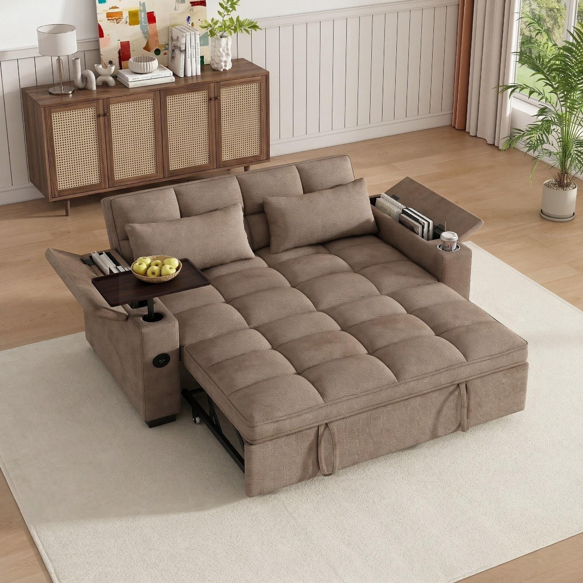 DEALTOPS 65" 3-in-1 Sleeper Sofa Bed, 3-Position Pull Out Couch with 90° Swivel Table, USB & Storage, Chenille, Brown