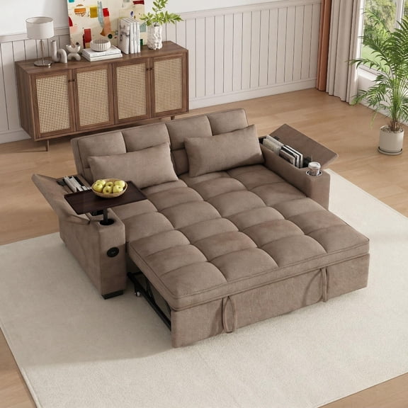 DEALTOPS 65" 3-in-1 Sleeper Sofa Bed, 3-Position Pull Out Couch with 90 Swivel Table, USB & Storage, Chenille, Brown
