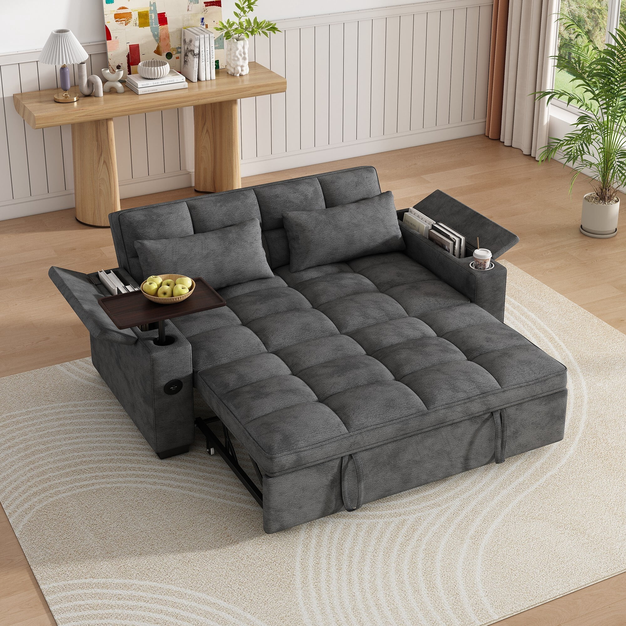 DEALTOPS 65" 3-in-1 Sleeper Sofa Bed, 3-Position Pull Out Couch with 90° Swivel Table, USB & Storage, Chenille, Gray