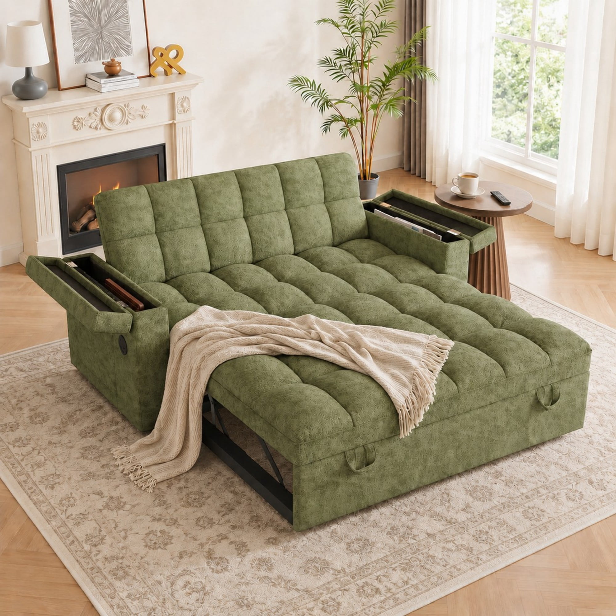 DEALTOPS 65" Chenille 3-in-1 Pull Out Sleeper Sofa Bed, Loveseat Couch with Tray Table & USB, Green