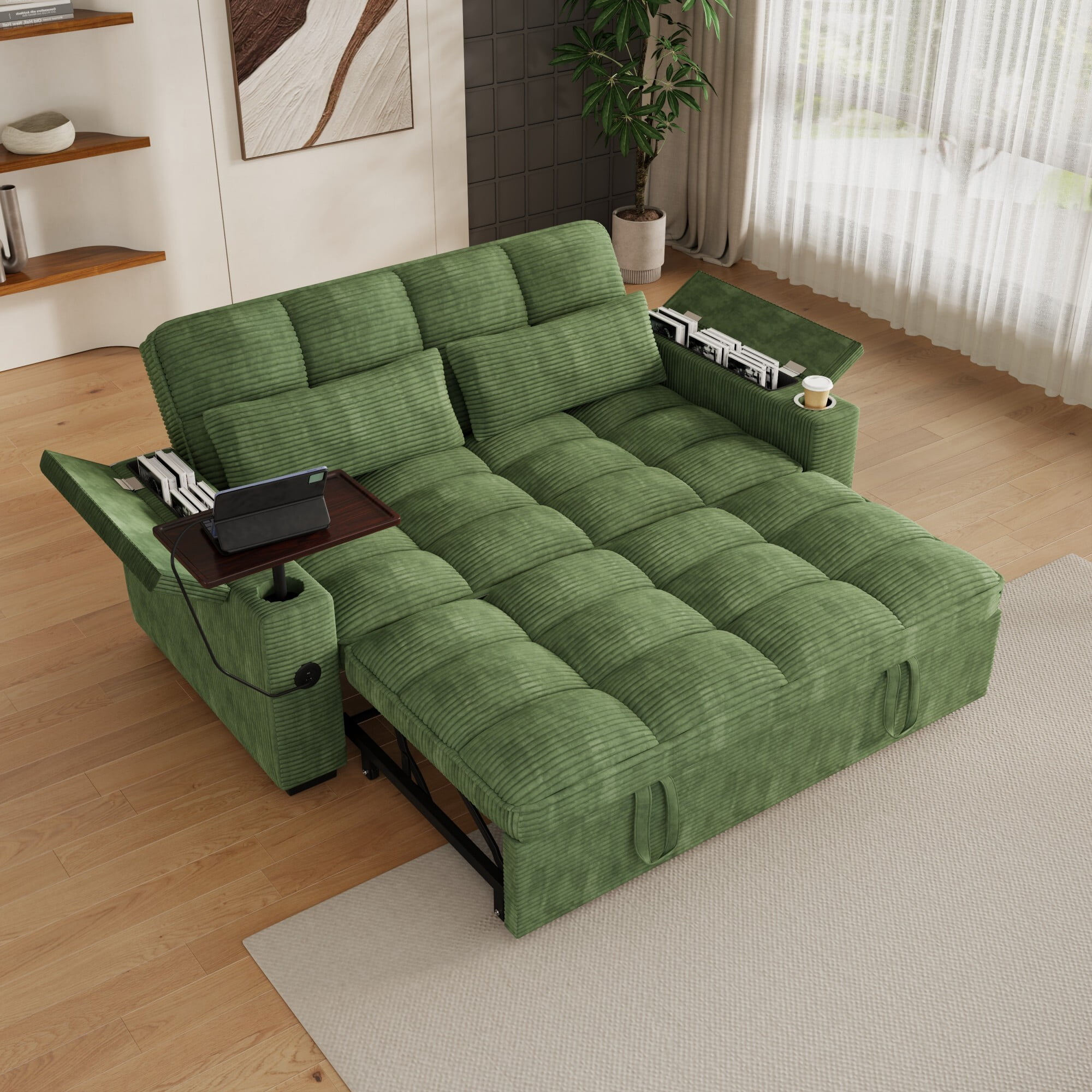 DEALTOPS 65" Corduroy Sleeper Sofa Bed, 3-Position Pull Out Couch with 360° Swivel Table, USB & Storage, Green