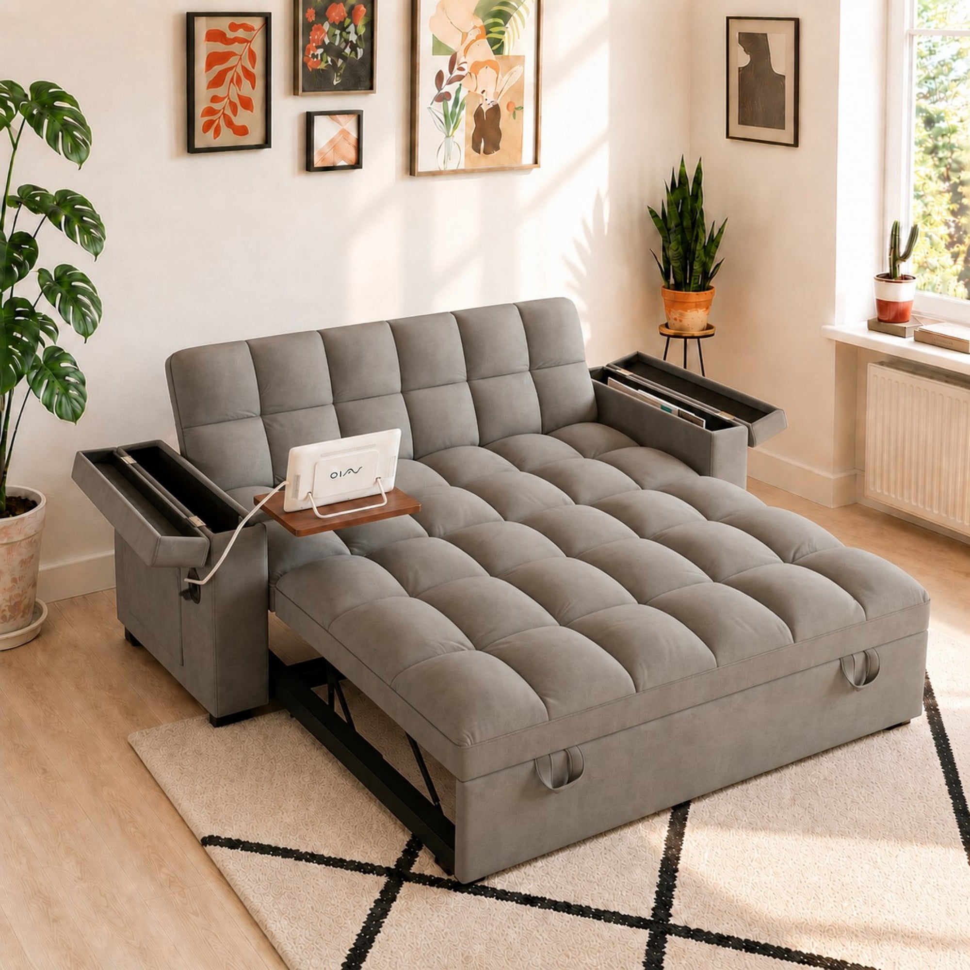 DEALTOPS 65" Velvet Modern Loveseat Sleeper Couch, 3-in-1 Pull Out Bed with Tray Table & USB, Dark Gray