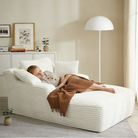 DEALTOPS 66.1" Oversized Comfy Lounge Chair, Corduroy Foam Sofa Chair with Pillows, No Assembly, Living Room or Bedroom, White