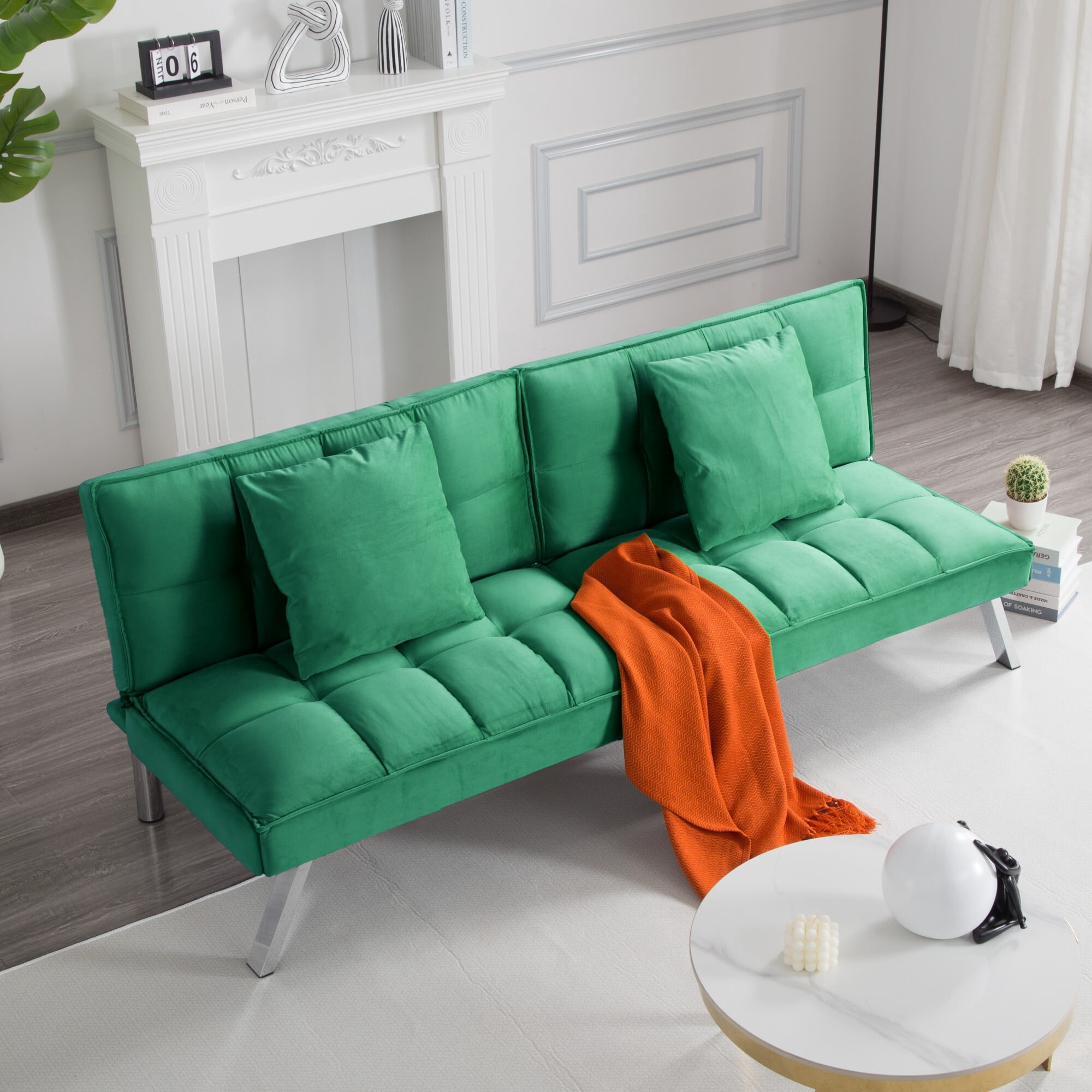 DEALTOPS 67" Convertible Futon Sofa Bed, 5-Angle Split-Back Sleeper with 2 Pillows for Small Spaces, Green