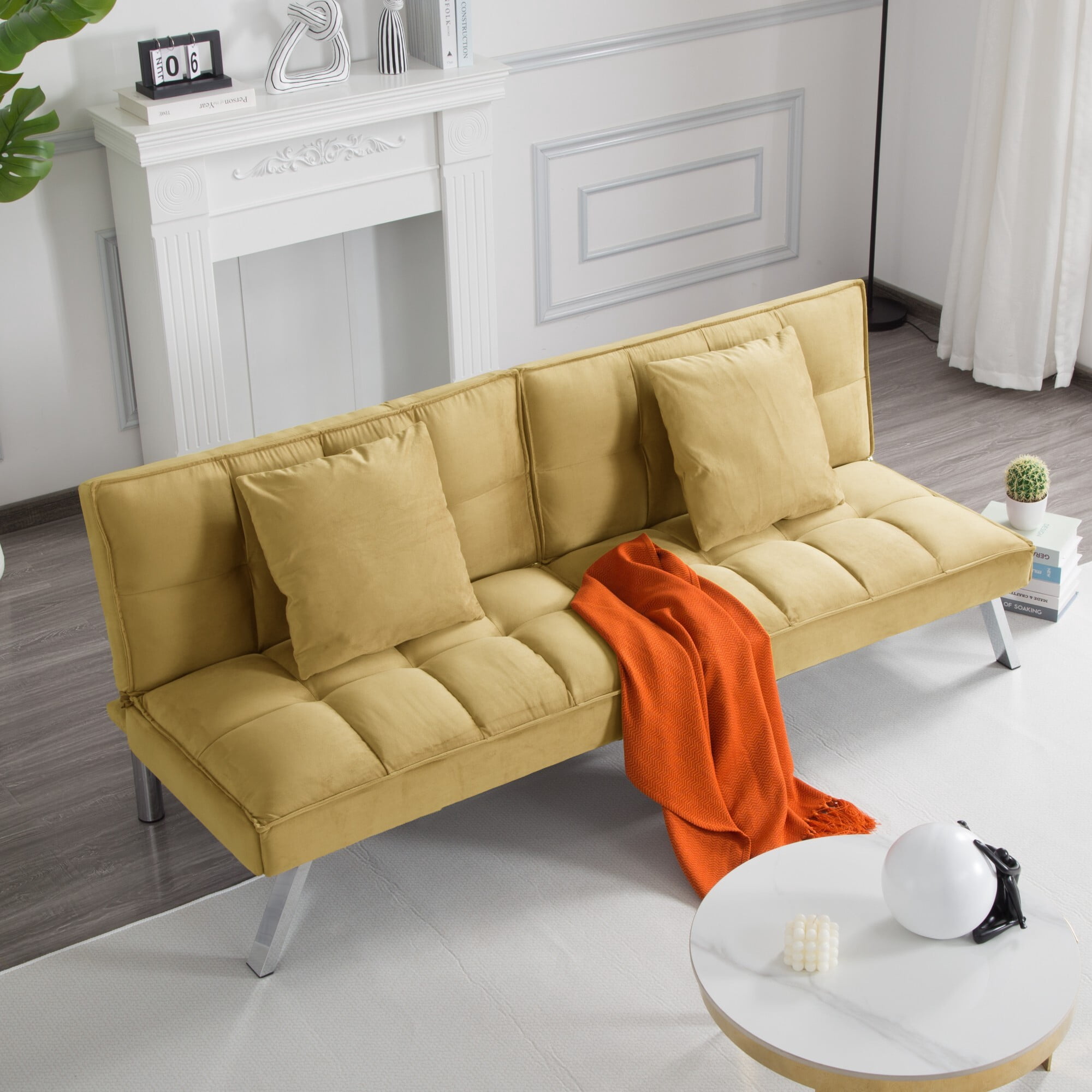 DEALTOPS 67" Convertible Futon Sofa Bed, 5-Angle Split-Back Sleeper with 2 Pillows for Small Spaces, Mustard Yellow