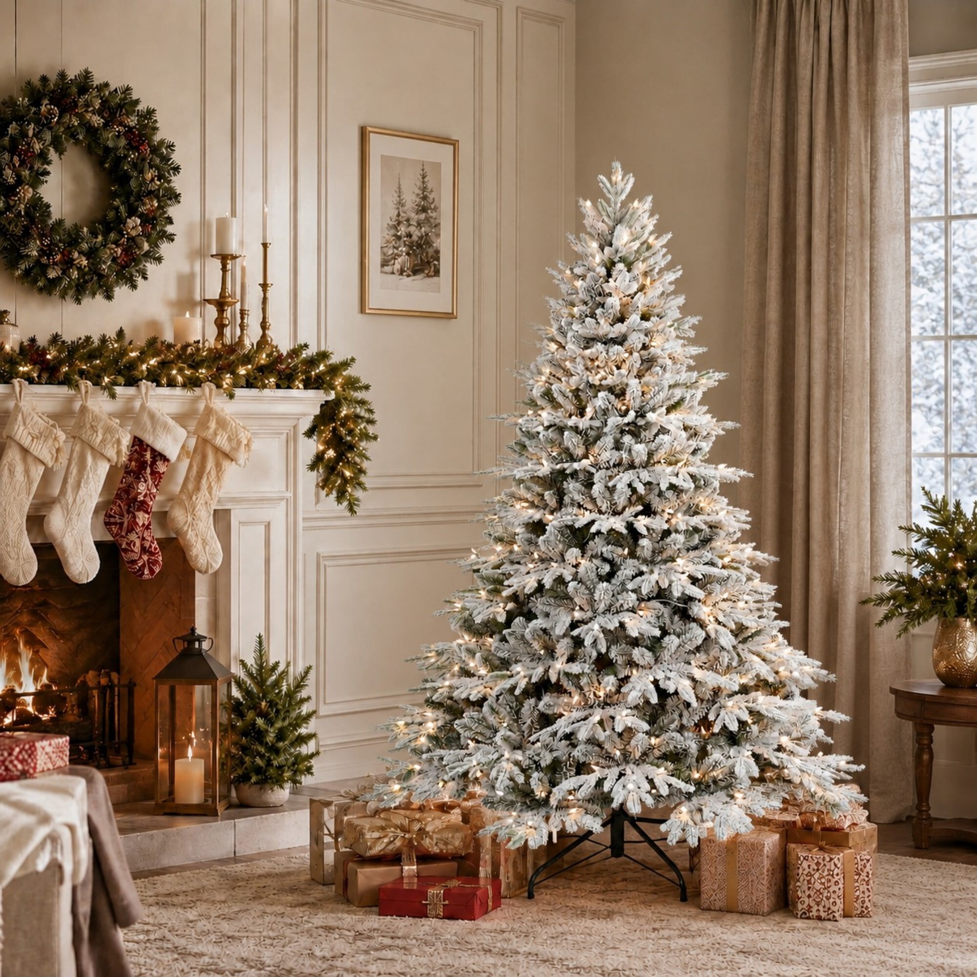 DEALTOPS 6ft Pre-Lit Flocked Artificial Christmas Tree, 400 Warm White Lights, 1931 Tips, Foldable Metal Stand
