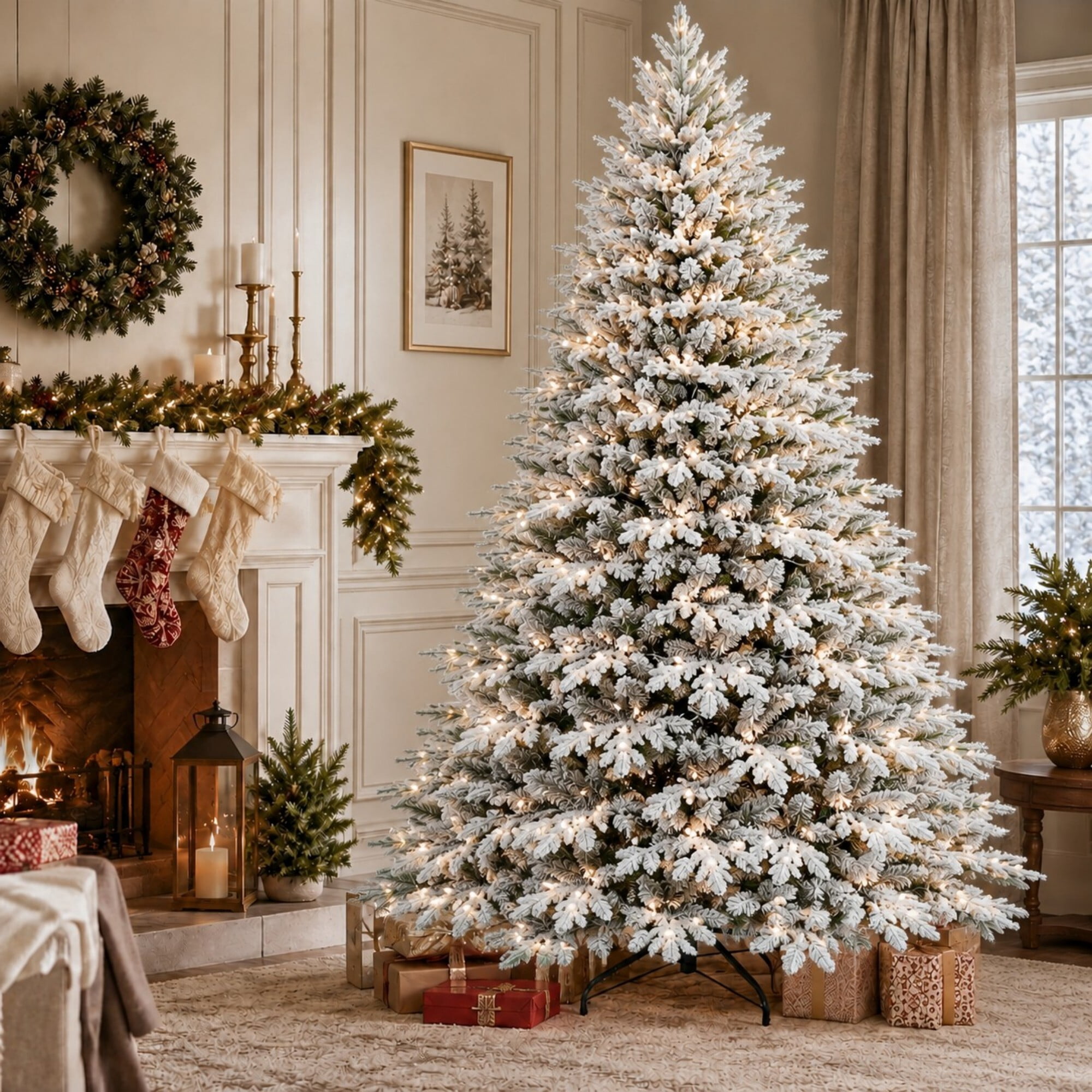 DEALTOPS 7.5ft Pre-Lit Flocked Artificial Christmas Tree, 650 Warm White Lights, 3135 Tips, Foldable Metal Stand