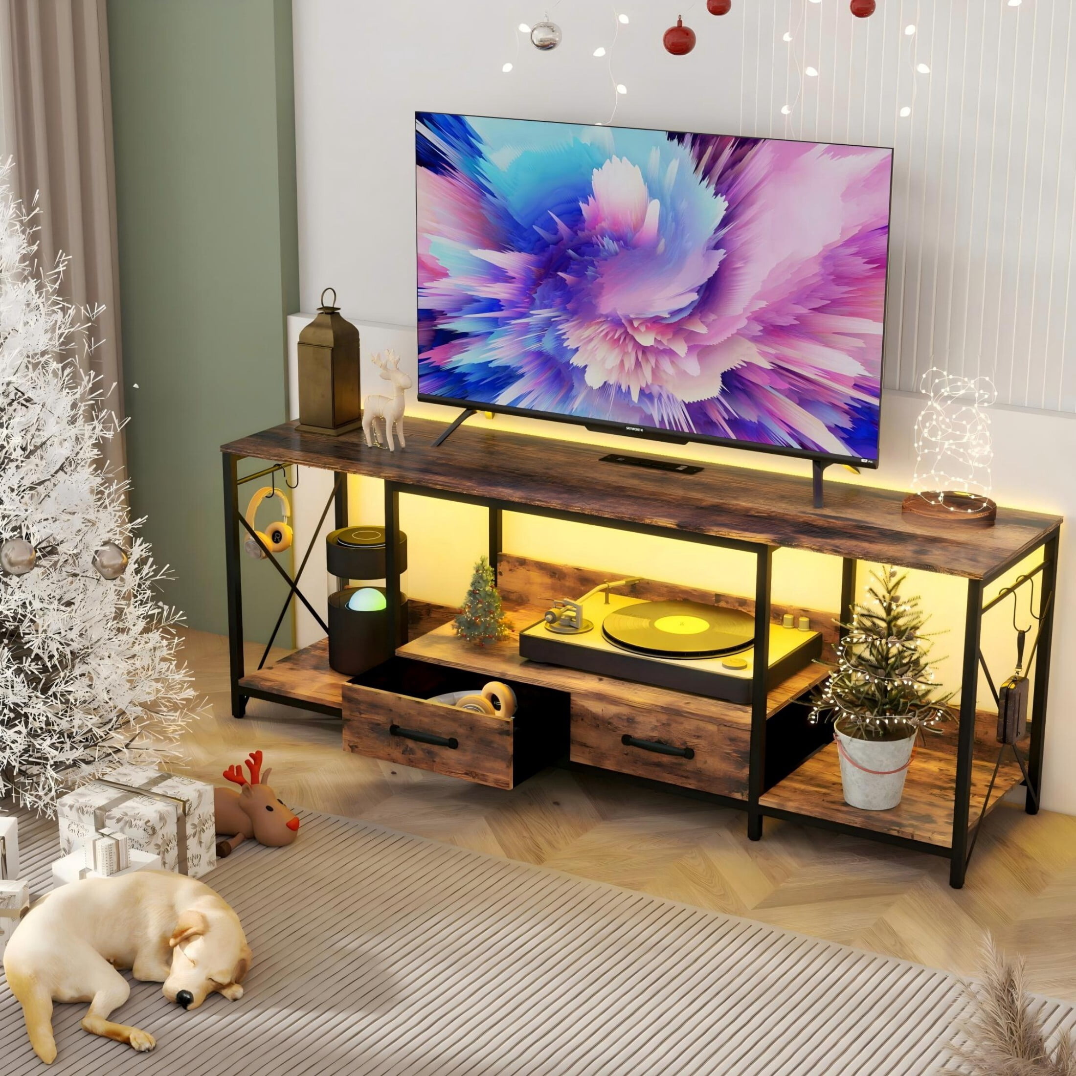 DEALTOPS 7-Color LED Lights TV Stand with Charging Stations and Fabric Drawers for TVs Up to 75'', Rustic Walnut