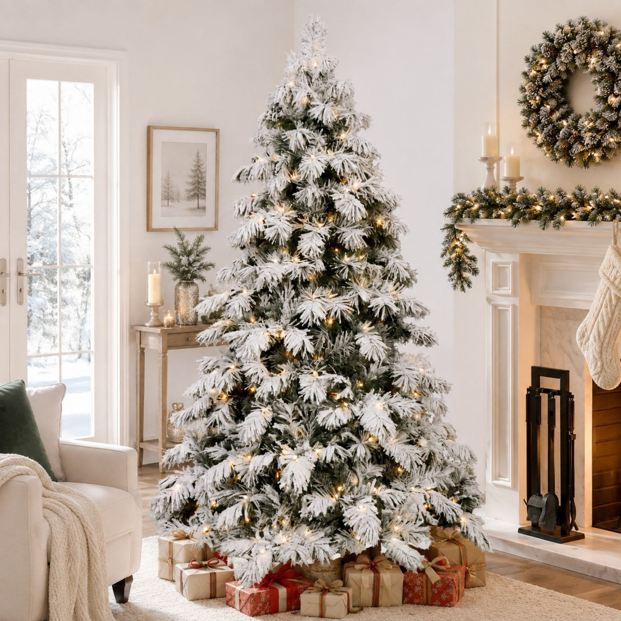DEALTOPS 7 FT Pre-Lit Flocked Artificial Christmas Tree with 360 Warm White LED Lights, 890 Tips & Metal Stand