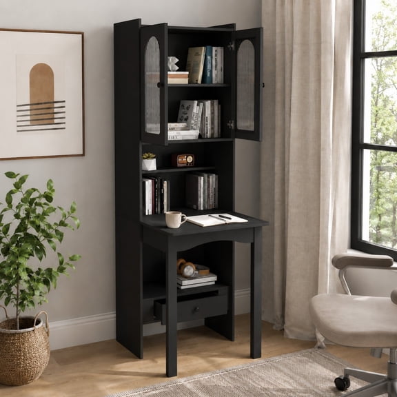 DEALTOPS 70.9-Inch Slim Fold-Out Desk Cabinet with Bookshelf and Drawer, Convertible Writing Desk, Black