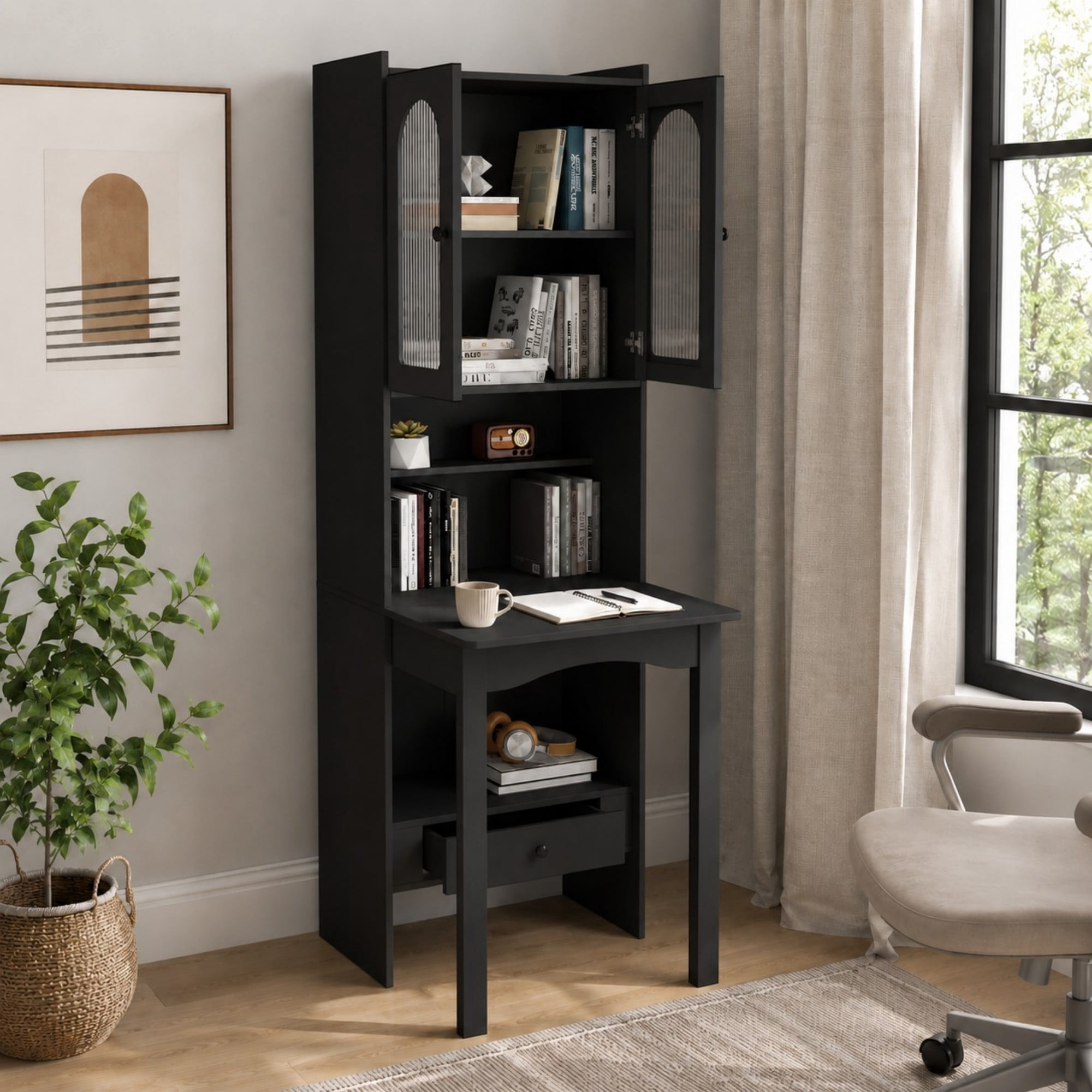 DEALTOPS 70.9-Inch Slim Fold-Out Desk Cabinet with Bookshelf and Drawer, Convertible Writing Desk, Black
