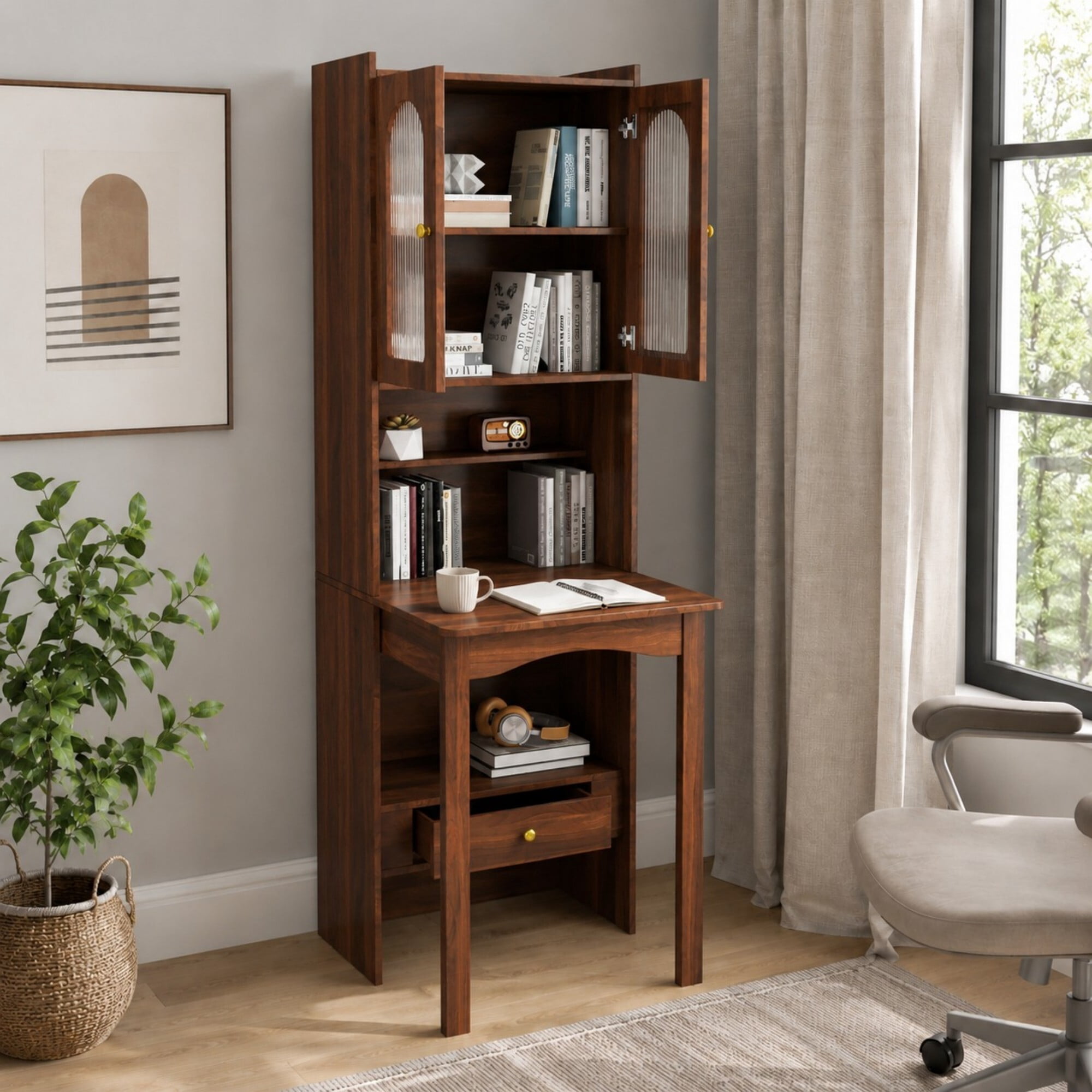 DEALTOPS 70.9-Inch Slim Fold-Out Desk Cabinet with Bookshelf and Drawer, Convertible Writing Desk, Walnut