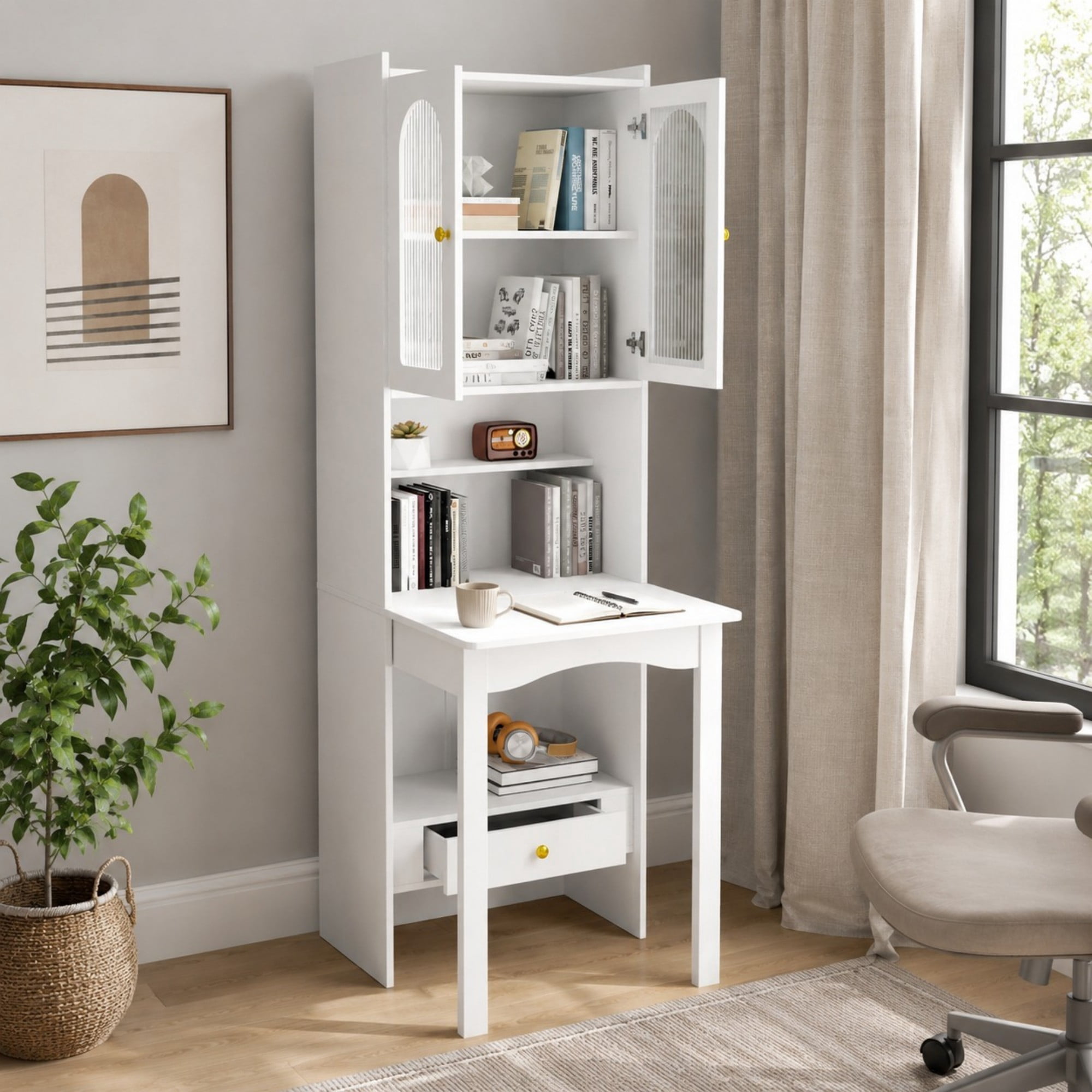 DEALTOPS 70.9-Inch Slim Fold-Out Desk Cabinet with Bookshelf and Drawer, Convertible Writing Desk, White