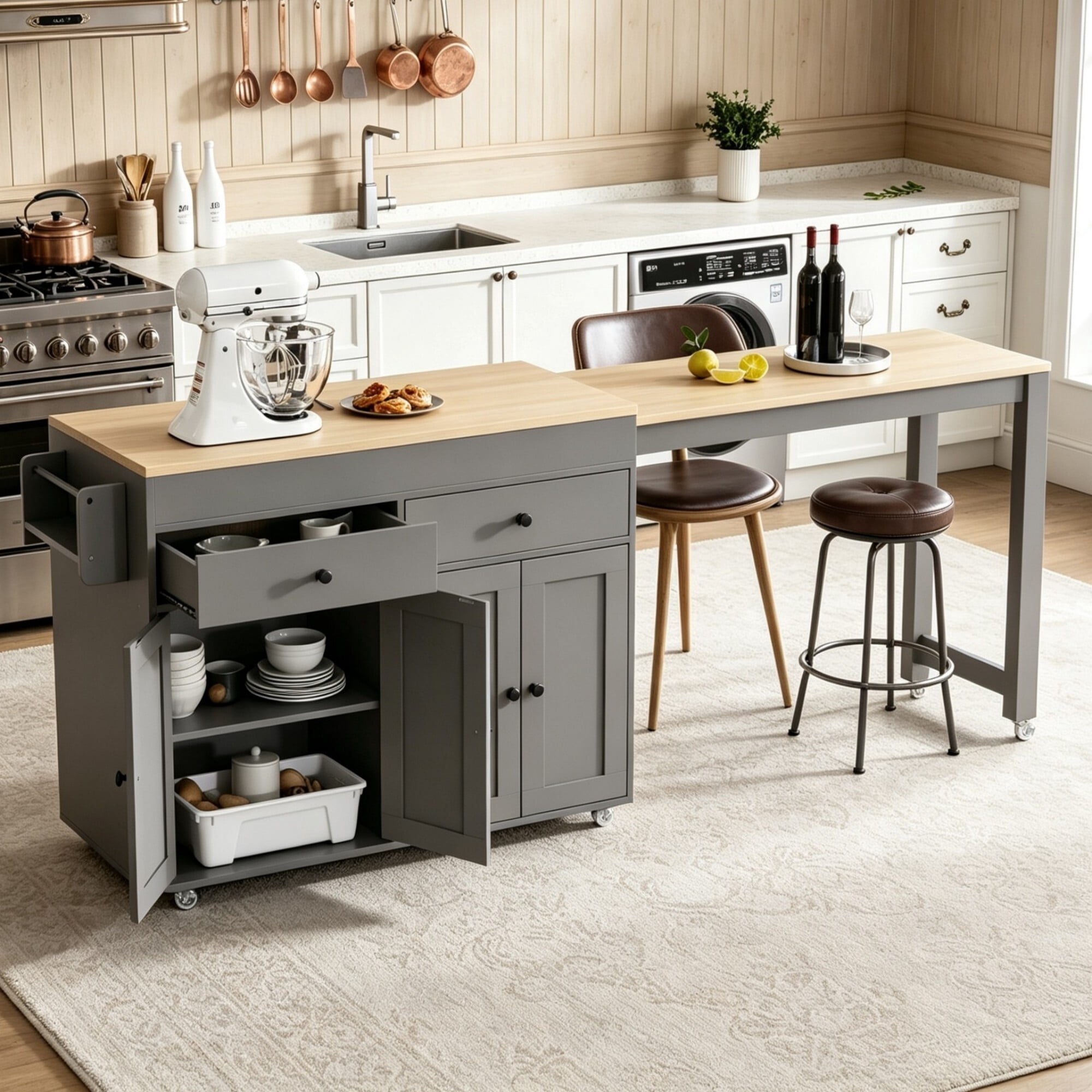 DEALTOPS 74.5" Mobile Kitchen Island Table on Wheels with Extendable Dining Top & Cabinet Storage, Gray