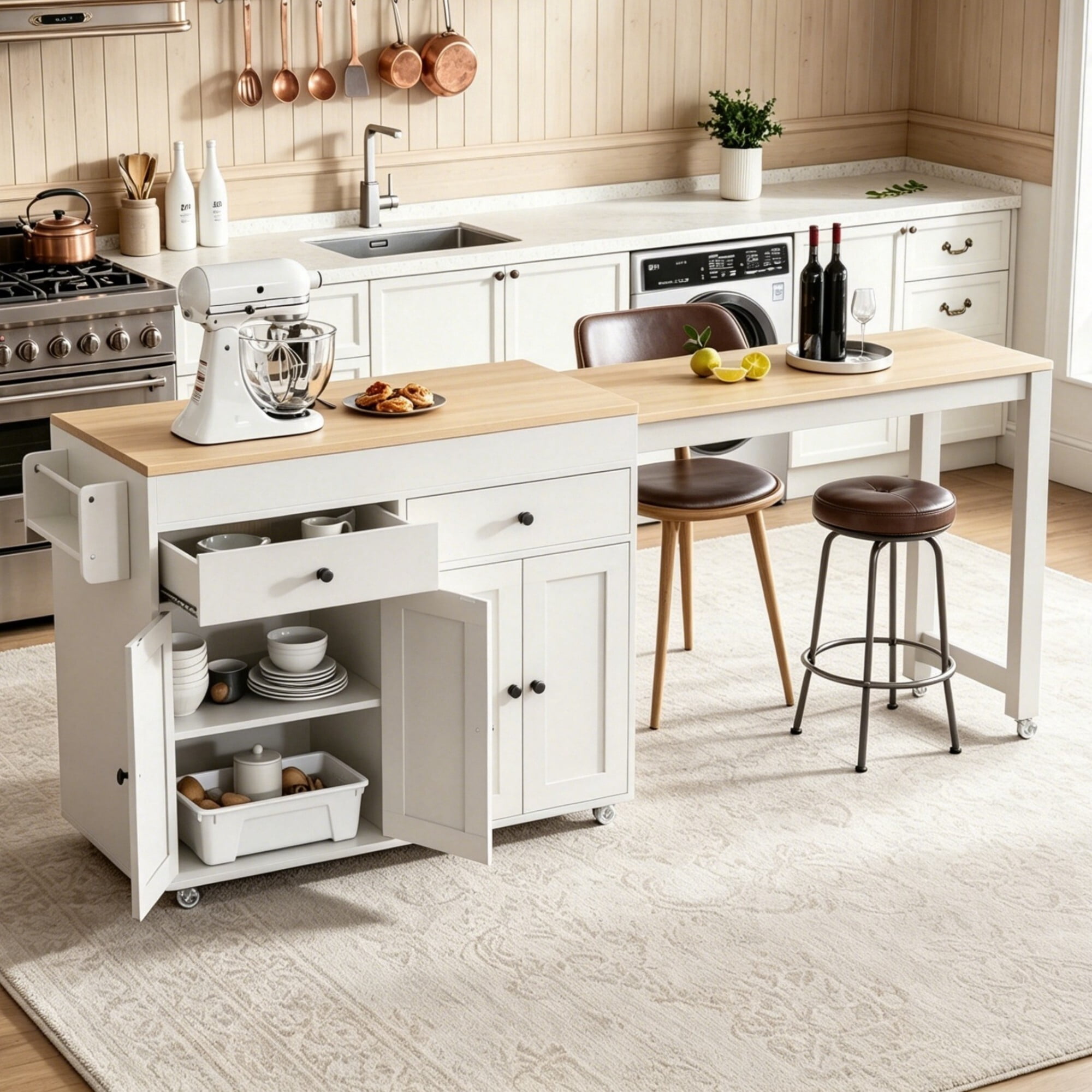 DEALTOPS 74.5" Mobile Kitchen Island Table on Wheels with Extendable Dining Top & Cabinet Storage, White