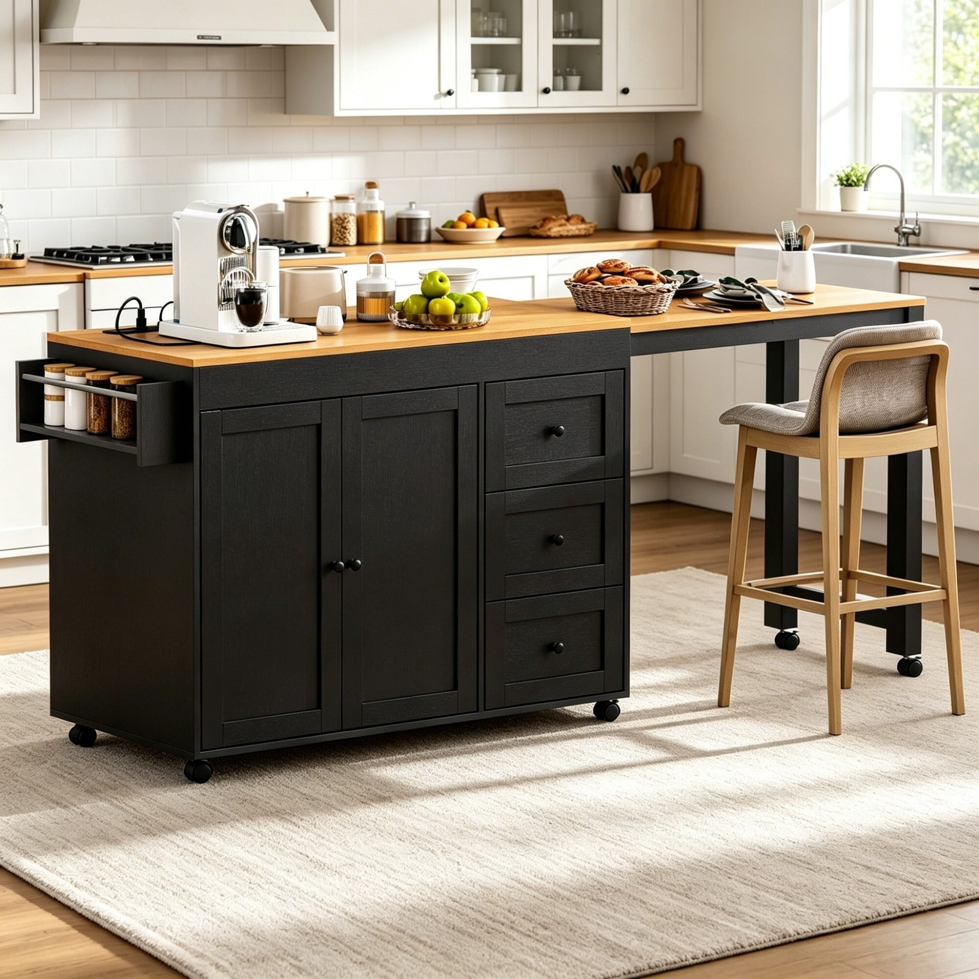 DEALTOPS 74.8" Rolling Kitchen Island Cart with Charging Station and Sliding Extendable Table, Black