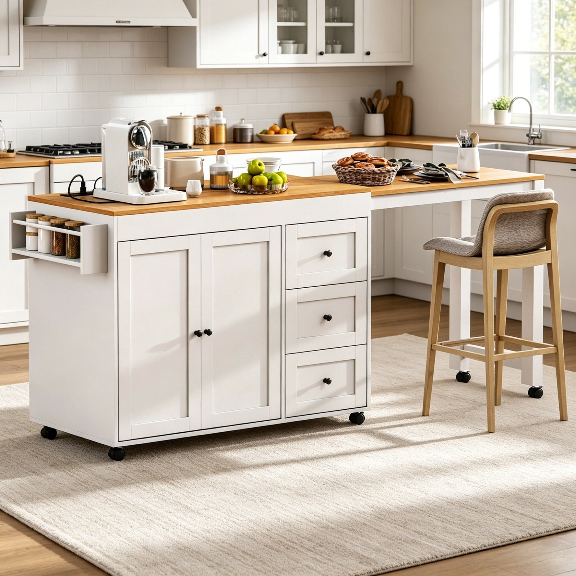 DEALTOPS 74.8" Rolling Kitchen Island Cart with Charging Station and Sliding Extendable Table, White