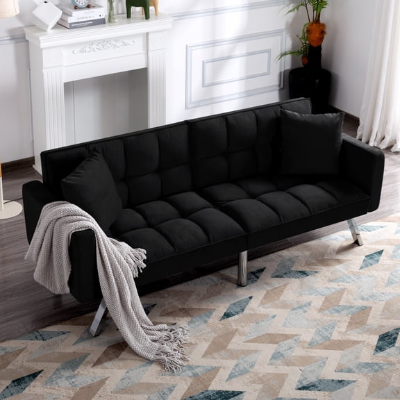 DEALTOPS 74" Convertible Futon Sofa Bed, Modern Velvet Sleeper with 5-Level Split-Back for Small Spaces, Black