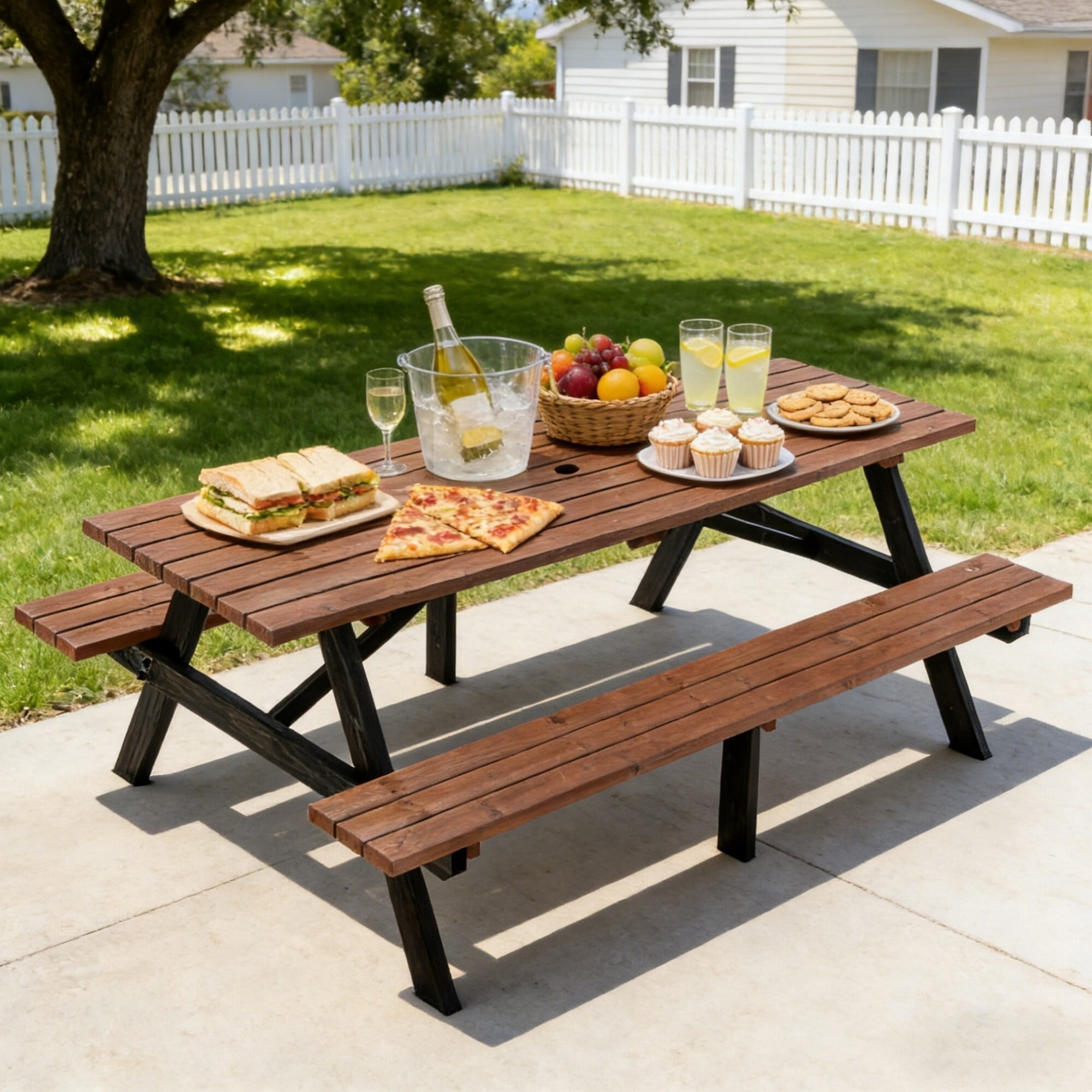 DEALTOPS 75" Two-Tone Wooden Picnic Table Seats 8, 2200lb Heavy Duty Outdoor Dining Set, Black & Brown