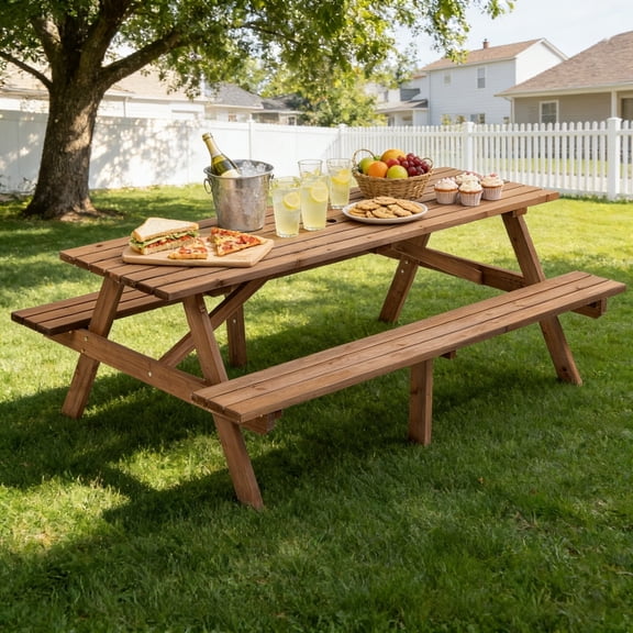 DEALTOPS 75" Wooden Picnic Table Seats 8, 2220lb Capacity Heavy Duty Outdoor Dining Set w/ 2" Umbrella Hole, Brown