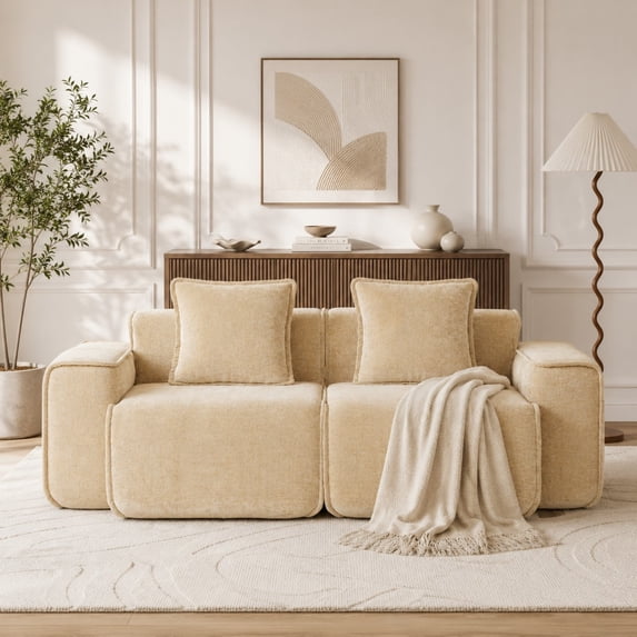DEALTOPS 78.7" Modern 2-Seater Velvet Boneless Cloud Sofa Couch, Modular Loveseat with 2 Pillows, Beige