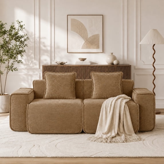 DEALTOPS 78.7" Modern 2-Seater Velvet Boneless Cloud Sofa Couch, Modular Loveseat with 2 Pillows, Camel