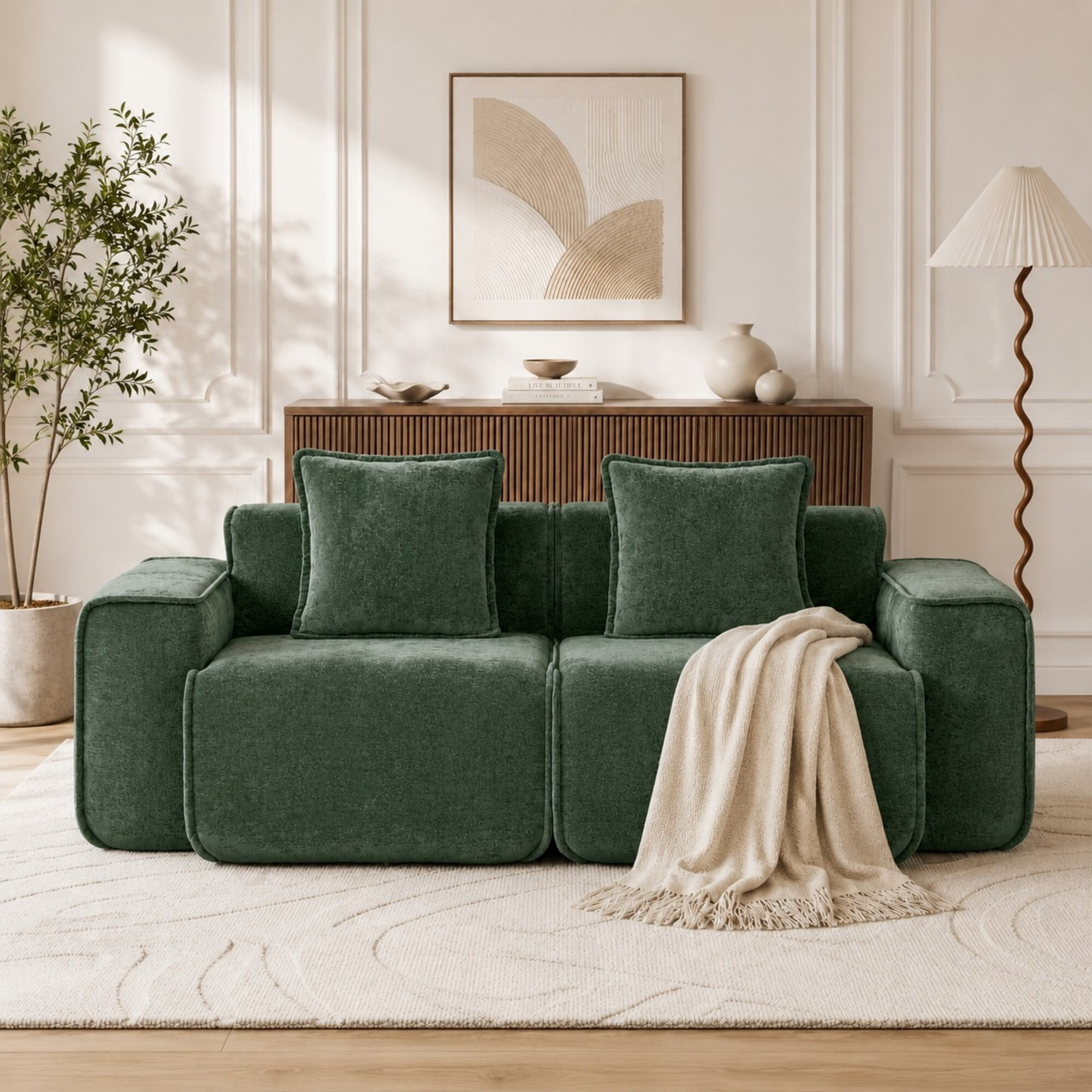 DEALTOPS 78.7" Modern 2-Seater Velvet Boneless Cloud Sofa Couch, Modular Loveseat with 2 Pillows, Sage Green