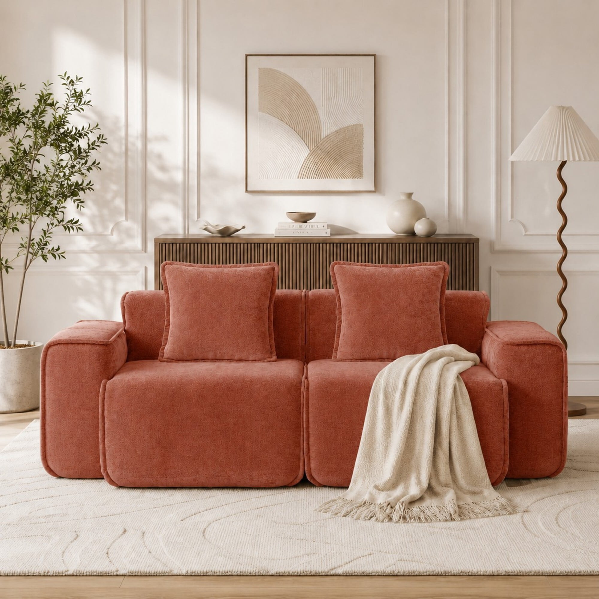 DEALTOPS 78.7" Modern 2-Seater Velvet Boneless Cloud Sofa Couch, Modular Loveseat with 2 Pillows, Terracotta