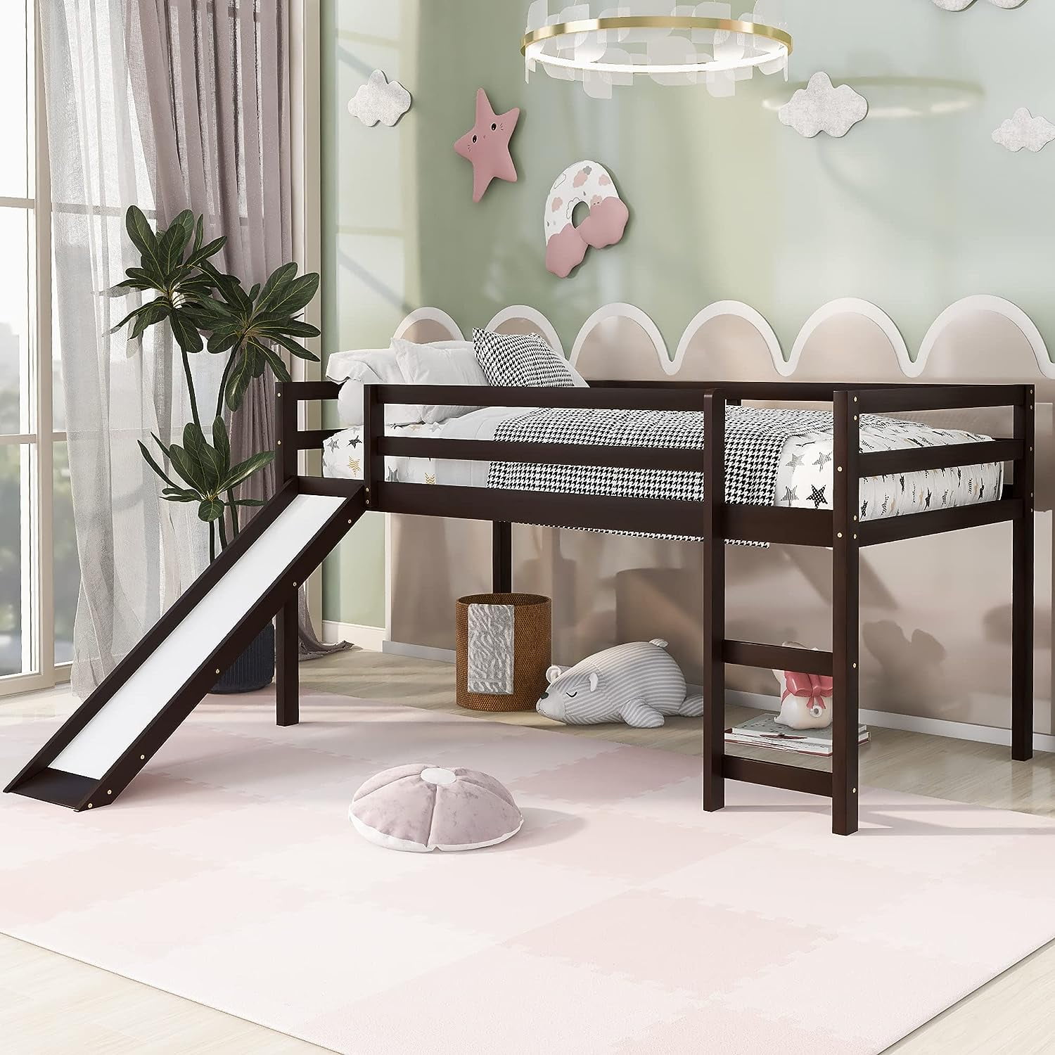 DEALTOPS 79.5'' Twin Size Junior Wood Loft Bed, Loft Bunk Bed Frame with Slide, Black