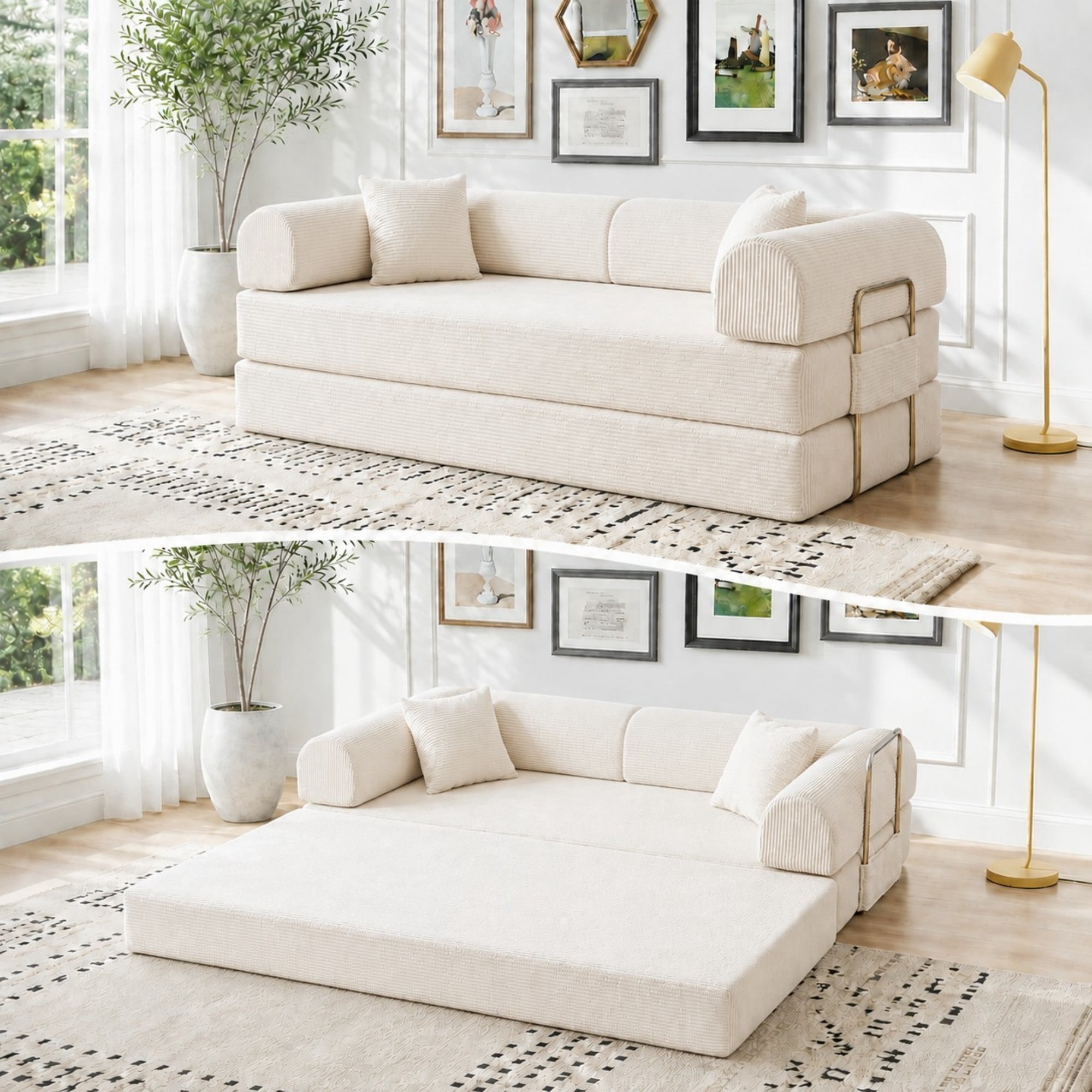 DEALTOPS 79" Convertible Corduroy Floor Sofa Bed, Modular Sleeper Couch with Memory Foam, Beige