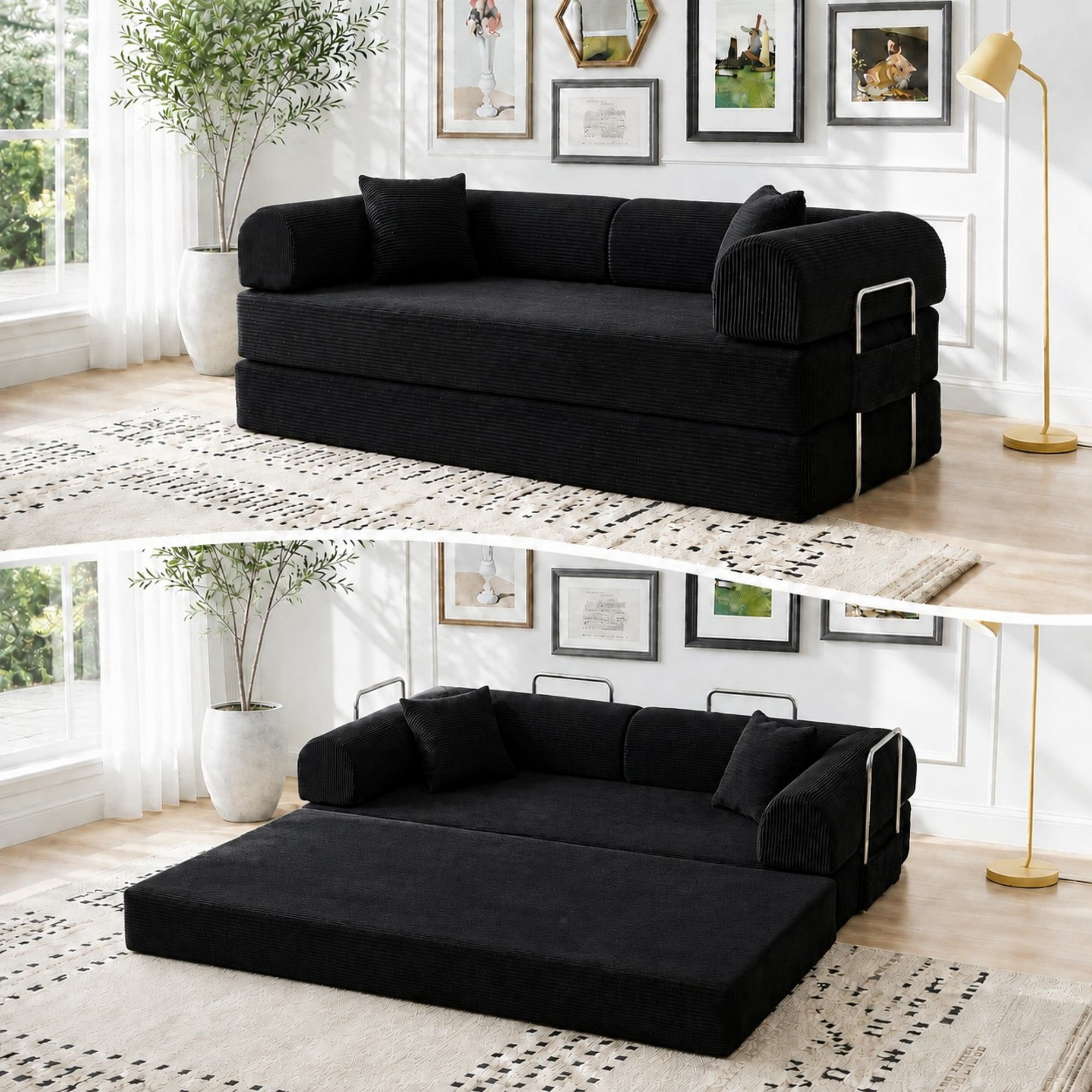 DEALTOPS 79" Convertible Corduroy Floor Sofa Bed, Modular Sleeper Couch with Memory Foam, Black